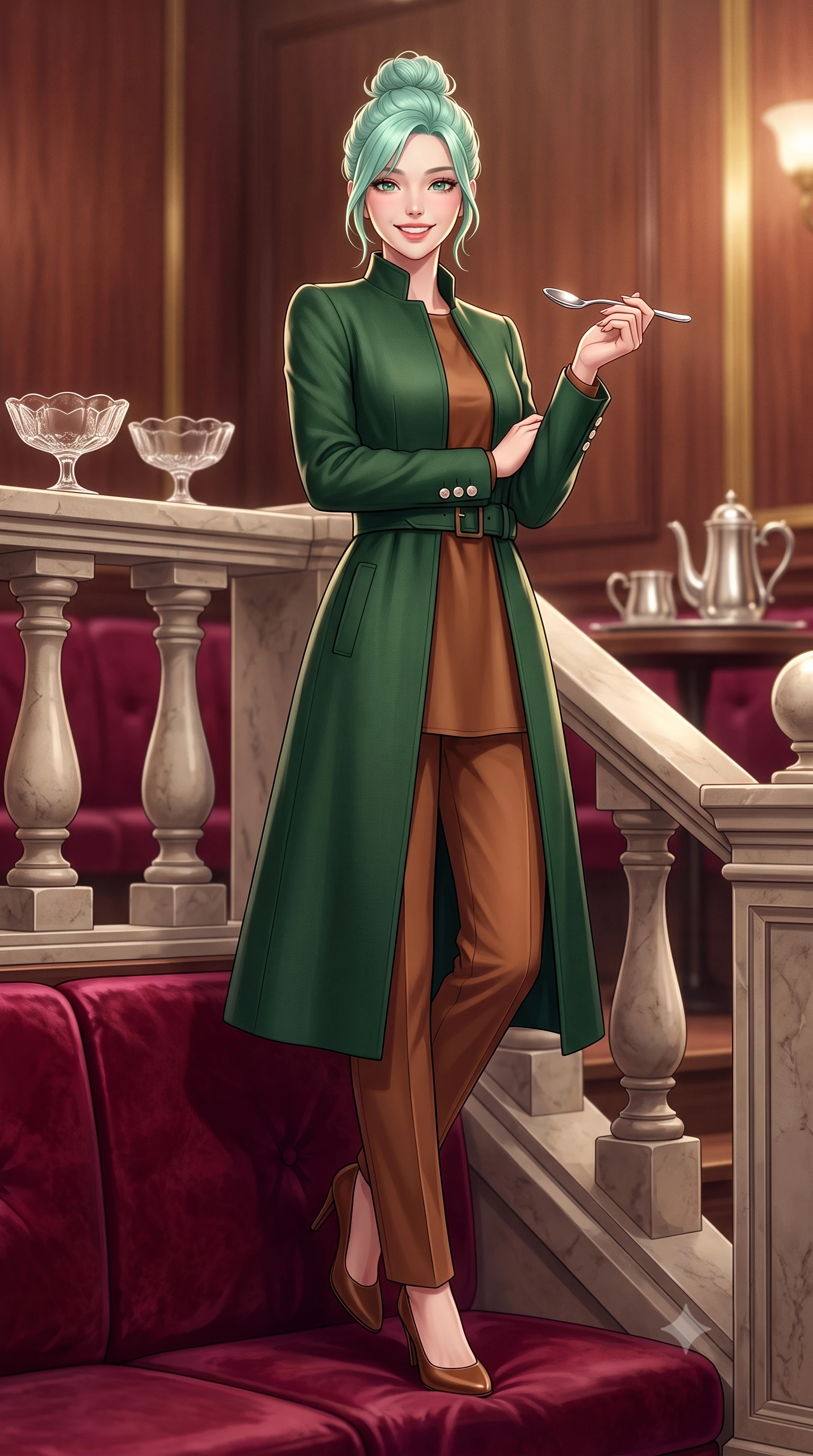 score_9, masterpiece, best quality, ultra-detailed, high-budget anime keyframe, semi-realistic 3D game render, editorial fashion photography, tasteful artistic composition, Japanese woman. low angle full-body shot from head to toe showing her feet, filling the entire 9:16 vertical frame with her statuesque presence, stretching her vertical silhouette. standing poised beside the classical stone balustrade with one foot slightly forward, hands folded loosely before her with regal grace while perched gracefully on the edge of the velvet banquette, holding a silver dessert spoon with playful, charming elegance. The background shows a soft-focus vintage crystal dessert coupes and silver coffee services softened in nostalgic Tokyo cafe romance shallow focus. She has an exceptionally tall and slender model-like 8.5-heads proportion, an ultra-slim waist, a flat toned midriff, narrow delicate ribcage, and beautifully sculpted feminine hips creating a graceful, slim hourglass silhouette without any bulky heaviness, with impossibly long slender legs. sharp v-shaped jawline, high-bridge nose, intricate jewel-like sparkling eyes with depth, thick eyelashes, glossy parted lips with a natural peach sheen, bright cheerful beaming smile with an enchanting and coquettish sensual glint, exuding both youthful cute charm and seductive allure, flawlessly proportioned anatomical accuracy, strict slender model proportions, natural body alignment, perfectly sculpted long slender limbs, ultra-slim waistline, clean dynamic posture without body distortion. wearing a stand-collar tailored linen-silk coat layered over a minimalist silk tunic and straight-leg pressed trousers in heritage British racing green and warm cognac brown, tailored from heavyweight double-faced wool with clean architectural edges, finished with fine mother-of-pearl cuff buttons catching the soft ambient light, the structured cinched belt emphasizing her narrow waistline and gracefully balanced proportions with timeless haute-couture polish. illuminated by rosewood wall and brass reflection bounce with crisp champagne rim lights defining her cheekbones and slender waist. highly saturated vibrant anime colors, detailed shading with soft gradients, rich glossy textures, high-contrast stereoscopic depth, volumetric dynamic lighting, master piece, 9:16 ratio