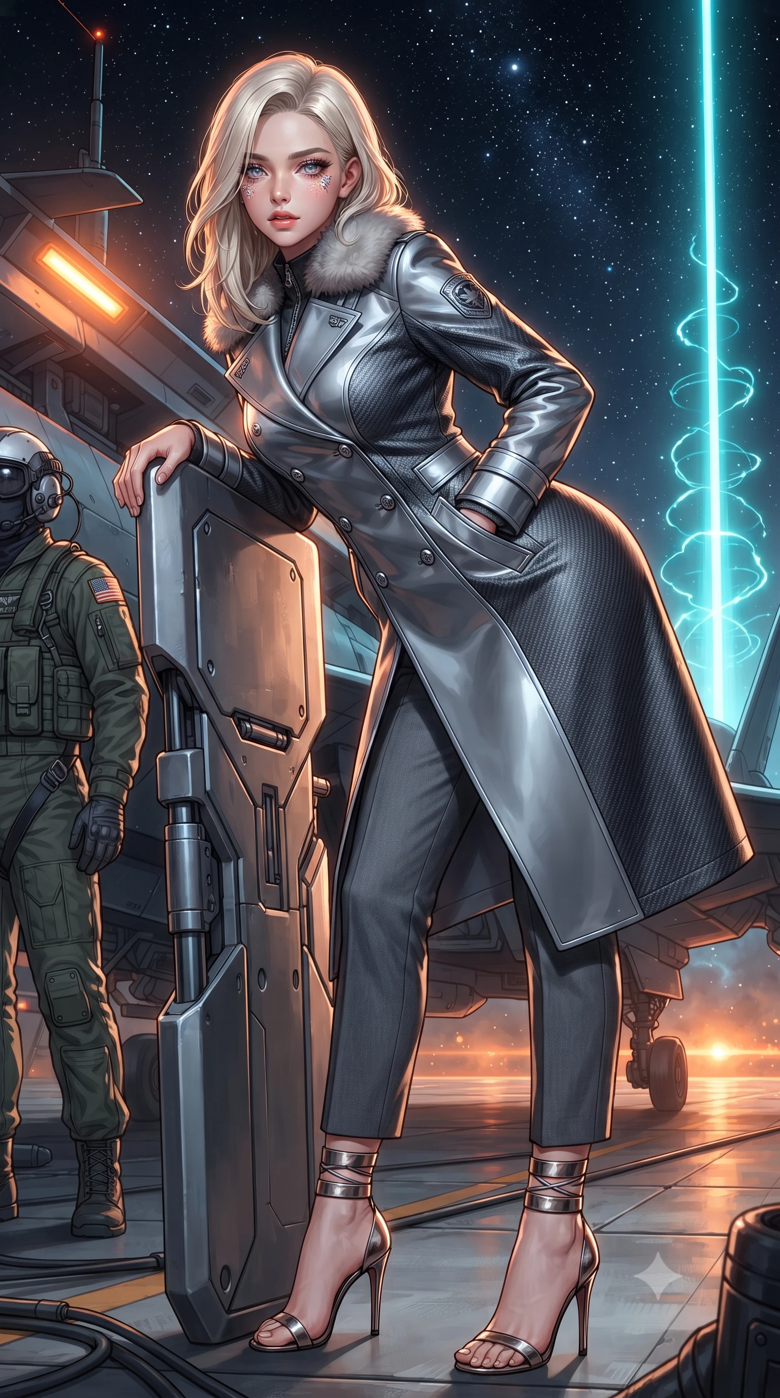 score_9, masterpiece, best quality, ultra-detailed, high-budget anime keyframe, editorial fashion photography, tasteful artistic composition, Caucasian woman. close-up cowboy shot from the waist and thighs up, the character dominates the composition, filling the frame with her large presence. leaning forward while arching her lower back to accentuate her curvy hips, looking into the camera with an intoxicating smoldering gaze and bedroom-eyes while leaning against the hydraulic blast shield with hips cocked back, gazing down the 500-meter glowing launch track into the starlit void with smoldering bedroom-eyes. The surrounding environment is rendered in vivid detail and crisp panoramic clarity: detailed tactical flight jumpsuit texture, carbon-fiber armor seams, and military aerospace carrier engineering in high resolution. She has an exceptionally elegant, slender, and willowy female figure with an ultra-slim waist, flat toned midriff, narrow ribcage, and sculpted feminine hips creating an alluring, slim hourglass silhouette without bulk. sharp v-shaped jawline, high-bridge nose, intricate jewel-like sparkling eyes with depth, thick eyelashes, glossy parted lips with a natural peach sheen, bright cheerful beaming smile with an enchanting and coquettish sensual glint, exuding both youthful cute charm and seductive allure, flawlessly proportioned anatomical accuracy, strict slender model proportions, natural body alignment, perfectly sculpted long slender limbs, ultra-slim waistline, clean dynamic posture without body distortion. wearing a futuristic double-breasted arctic combat officer greatcoat with thermal fur-lined collar and tailored wool trousers in liquid mercury chrome and stealth charcoal, woven from structured carbon-fiber jacquard with rich textural depth, complemented by strappy stiletto sandals with metallic ankle wraps accentuating her slender calves, the bespoke structured tailoring following the natural line of her 8.5-heads silhouette with refined elegance. bathed in high-voltage orange runway guide strobes contrasted with cold electric-cyan magnetic coil pulses. ultra-reflective glossy finish, specular highlights, rich textural contrasts, high-contrast stereoscopic depth, volumetric dynamic lighting, 2k, ultra detail, master piece, 9:16 ratio