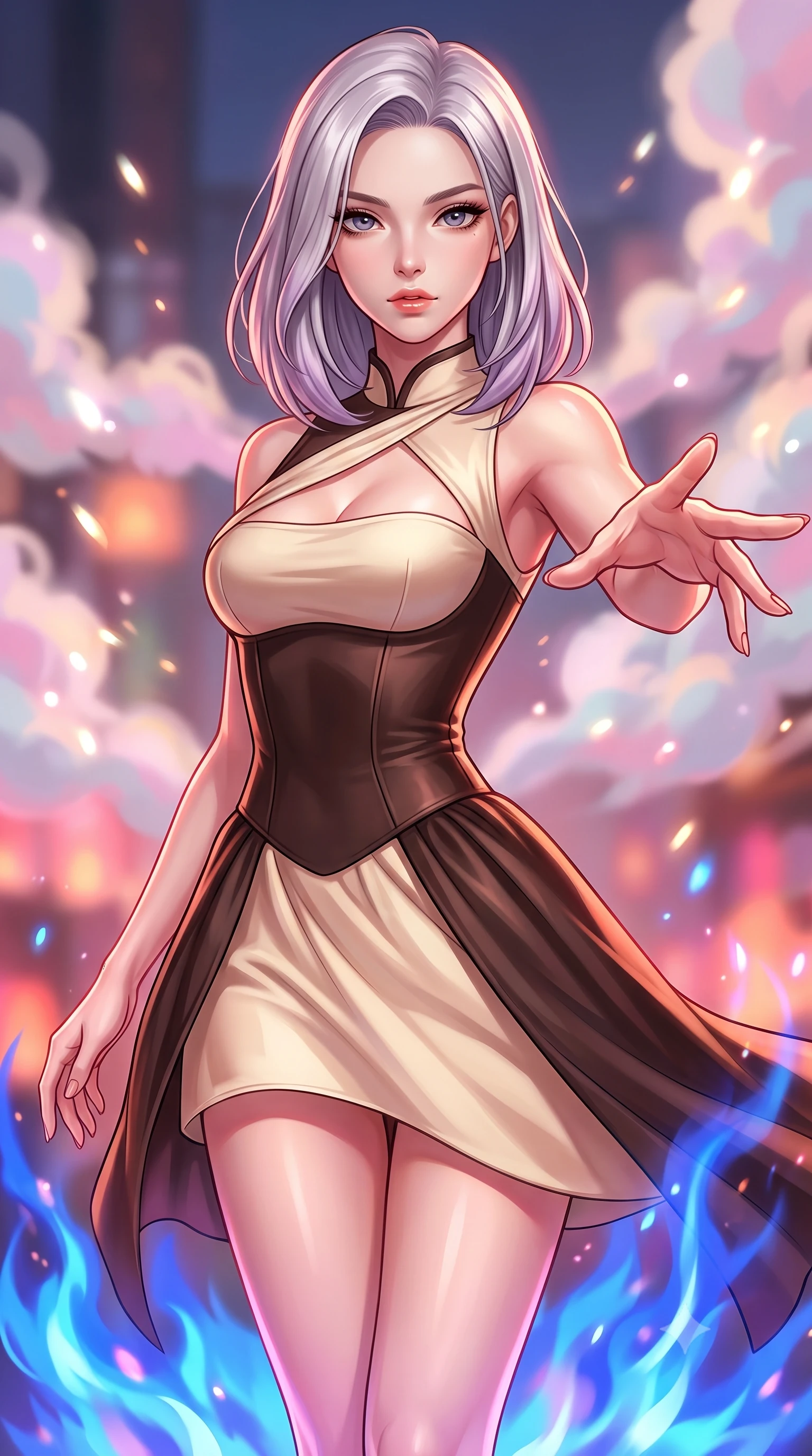 score_9, masterpiece, best quality, ultra-detailed, high-budget anime keyframe, editorial fashion photography, tasteful artistic composition, Caucasian woman. close-up cowboy shot from the waist and thighs up, the character dominates the composition, filling the frame with her large presence, background elements kept in soft focus. Reaching her hand gracefully toward the camera with magnetic allure, her torso turning in a dynamic S-curve alignment while floating gracefully above a sapphire alchemy flame with her torso tilted dynamically, pastel-colored steam clouds scattering bright metallic highlights. She has an exceptionally elegant, slender, and willowy female figure with an ultra-slim waist, a gracefully sculpted slender torso, and a refined silhouette. sharp v-shaped jawline, high-bridge nose, intricate jewel-like eyes with depth, thick eyelashes, glossy lips with a natural sheen, flawlessly proportioned anatomical accuracy, natural body alignment, perfectly sculpted elegant limbs, clean dynamic posture without body distortion. wearing a modern fusion silk hanbok dress with a structured bodice and flowing skirt in espresso brown and warm cream, formed from sleek second-skin neoprene, accented with a Tasteful chest slit framing her clavicle gracefully, the elegant draped fit framing her graceful clavicle and slender torso. bathed in hot pink and orange furnace underlighting with sharp bronze speculars. highly saturated vibrant anime colors, detailed shading with soft gradients, rich glossy textures, high-contrast stereoscopic depth, volumetric dynamic lighting, master piece, 9:16 ratio