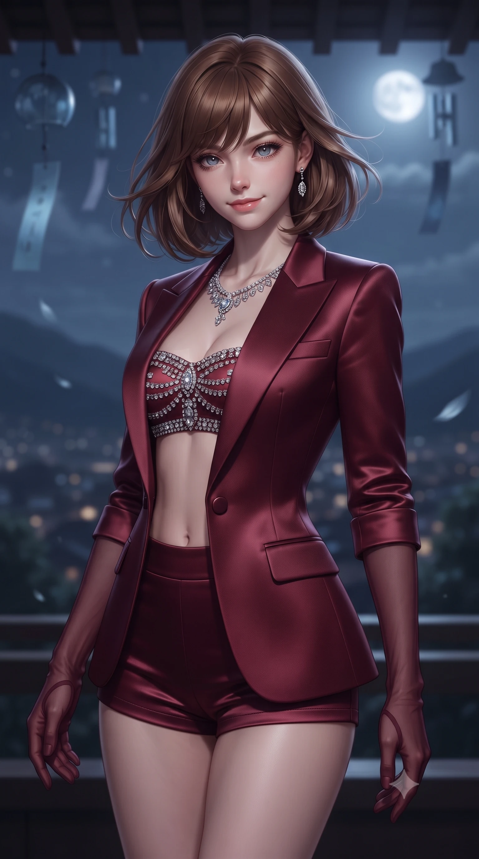 score_9, masterpiece, best quality, ultra-detailed, high-budget anime keyframe, editorial fashion photography, tasteful artistic composition, Caucasian woman. close-up cowboy shot from the waist and thighs up, the character dominates the composition, filling the frame with her large presence. turning slowly with an enchanting smoldering smile, her glossy hair tossing in the breeze as her hips angle gracefully in a captivating contrapposto while twisting her slender torso in an alluring S-curve, cool mountain night breezes fluttering her dress around her long slender legs and curvy hips. The background shows a soft-focus wind-chimes hanging from eaves softened in serene nocturnal panoramic shallow focus. She has an exceptionally elegant, slender, and willowy female figure with an ultra-slim waist, flat toned midriff, narrow ribcage, and sculpted feminine hips creating an alluring, slim hourglass silhouette without bulk. sharp v-shaped jawline, high-bridge nose, sparkling eyes with hypnotic seductive depth, thick curled eyelashes, glossy parted lips with a natural dewy peach sheen, alluring bedroom-eyes with an enchanting coquettish smile, exuding magnetic siren charisma and sophisticated glamour, flawlessly proportioned anatomical accuracy, strict slender model proportions, natural body alignment, perfectly sculpted long slender limbs, ultra-slim waistline, clean dynamic posture without body distortion. wearing a tailored open-front satin smoking jacket worn over a jewel-embellished bandeau and micro-shorts in Belle Époque bordeaux and gilded 24k gold, tailored from fine structural neoprene with crisp architectural edges and smooth contouring, complemented by sheer opera-length evening gloves tracing her slender arms, the form-contouring silhouette accentuating her sculpted flat midriff, narrow delicate ribcage, and gracefully curvy hips with intoxicating allure. bathed in soft low-voltage floor wash lighting combined with distant city glow and silver full moonlight. ultra-reflective glossy finish, specular highlights, rich textural contrasts, high-contrast stereoscopic depth, volumetric dynamic lighting, 2k, ultra detail, master piece, 9:16 ratio