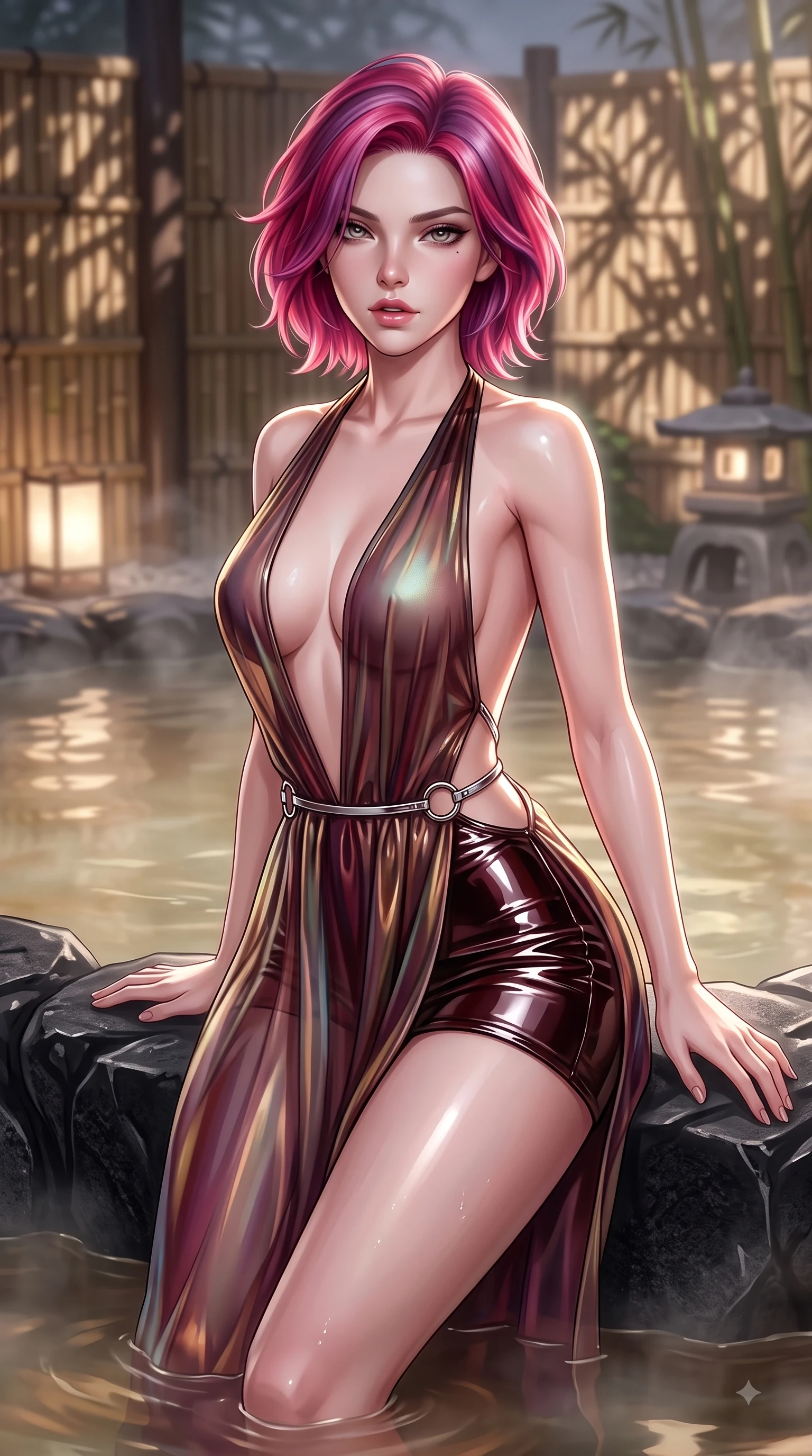 score_9, masterpiece, best quality, ultra-detailed, high-budget anime keyframe, editorial fashion photography, tasteful artistic composition, Caucasian woman. close-up cowboy shot from the waist and thighs up, the character dominates the composition, filling the frame with her large presence, background elements kept in soft focus. Leaning forward gracefully with lips parted, casting a smoldering magnetic gaze directly into the lens while resting gracefully against a carved obsidian basalt rock edge in a private thermal hot spring, bamboo partitions and stone lanterns casting peaceful organic stencil shadows. She has an exceptionally elegant, slender, and willowy female figure with an ultra-slim waist, a gracefully sculpted slender torso, and a refined silhouette. sharp v-shaped jawline, high-bridge nose, intricate jewel-like eyes with depth, thick eyelashes, glossy lips with a natural sheen, flawlessly proportioned anatomical accuracy, natural body alignment, perfectly sculpted elegant limbs, clean dynamic posture without body distortion. wearing a translucent iridescent chiffon gown with a plunging neckline and open back in deep burgundy and bronze, tailored from high-gloss patent leather, accented with delicate chrome ring hardware framing her waist, the sleek second-skin texture accentuating her magnetic presence. surrounded by a tranquil, spa-like aura with bright specular rim lights. ultra-reflective glossy finish, specular highlights, metallic sheen, high-contrast stereoscopic depth, volumetric dynamic lighting, 2k, ultra detail, master piece, 9:16 ratio
