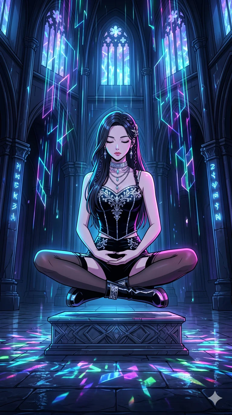 score_9, masterpiece, best quality, ultra-detailed, high-budget anime movie keyframe, cinematic anime lighting, intricate line art, Korean anime girl. Dynamic full-body shot stretching the vertical silhouette across the 9:16 frame. meditating peacefully in a gothic obsidian tower with holographic rain. She has an absolutely perfect 8-heads proportion, an exceptionally tall and slender female figure with an ultra-slim waist and impossibly long slender legs. sharp v-shaped jawline, high-bridge nose, intricate jewel-like eyes, thick eyelashes, glossy lips. Wearing luxurious K-pop idol stage outfit featuring a sparkling sequined corset, high-cut velvet shorts, and sheer silk stockings with garter belts, accessorized with crystal chokers. The scene is illuminated by dramatic atmospheric lighting and vibrant color palettes. 2k, ultra detail, master piece, 9:16 ratio