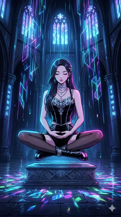 score_9, masterpiece, best quality, ultra-detailed, high-budget anime movie keyframe, cinematic anime lighting, intricate line art, Korean anime girl. Dynamic full-body shot stretching the vertical silhouette across the 9:16 frame. meditating peacefu