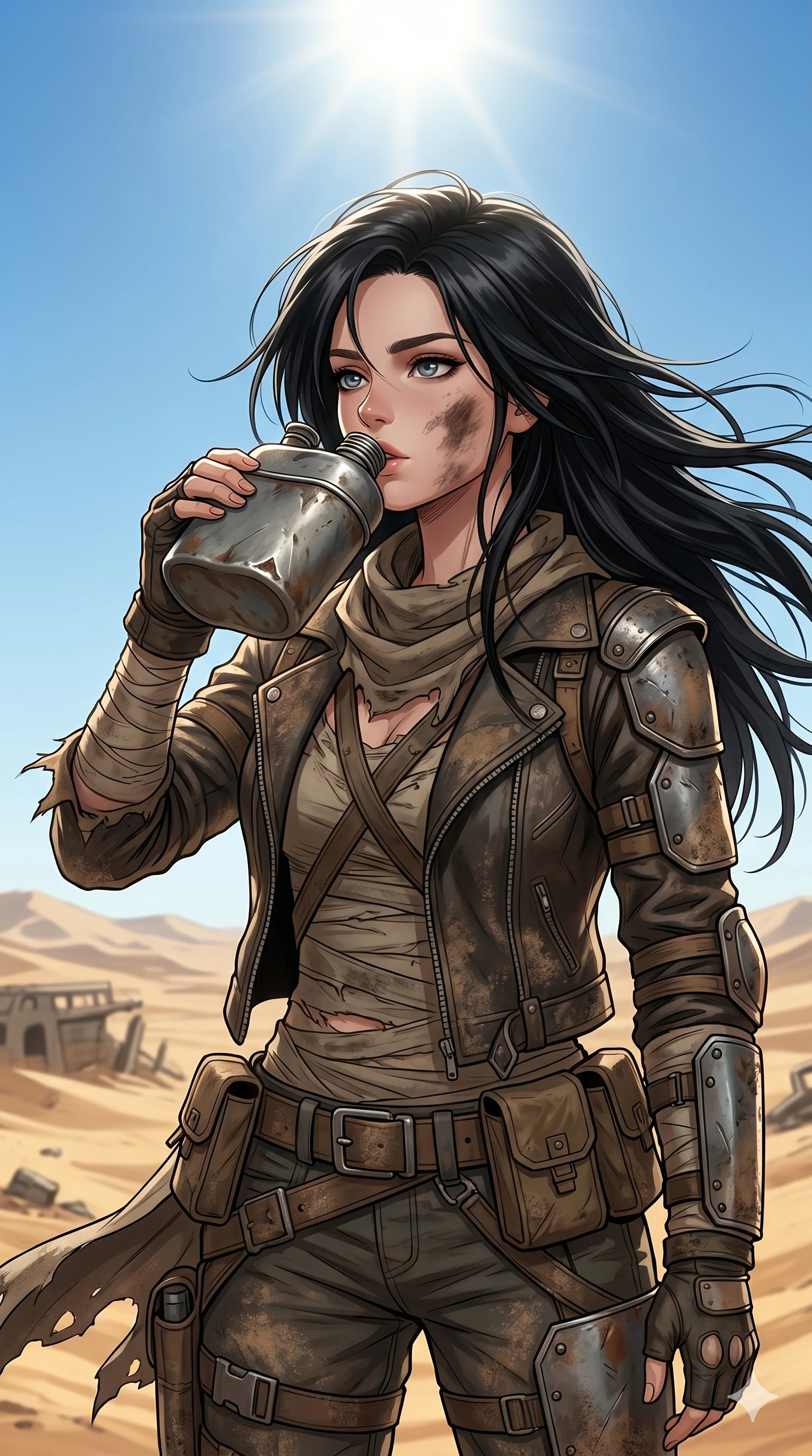 score_9, score_8_up, score_7_up, source_anime, masterpiece, best quality, ultra-detailed, same character with long flowing black hair, wearing rugged post-apocalyptic scavenger gear, upper body close-up from thigh up filling the screen, drinking water from a metal canteen, dirt smudged on her cheek, glaring sun, desert wasteland background, 2k, 9:16 ratio