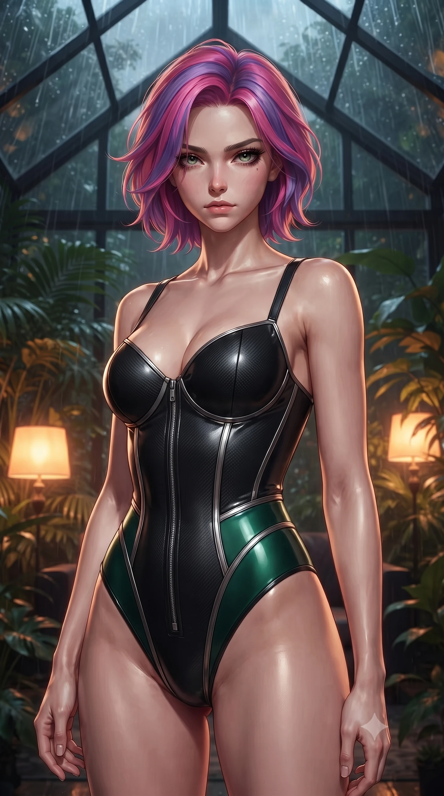 score_9, masterpiece, best quality, ultra-detailed, high-budget anime keyframe, editorial fashion photography, tasteful artistic composition, Caucasian woman. close-up cowboy shot from the waist and thighs up, the character dominates the composition, filling the frame with her large presence, background elements kept in soft focus. Casting a slow, direct gaze beneath heavy lashes with quiet intensity, inside a private greenhouse lounge at 2 AM as torrential rain hits the glass roof, warm amber floor lamps casting intimate golden rays through plant foliage. She has an exceptionally elegant, slender, and willowy female figure with an ultra-slim waist, a gracefully sculpted slender torso, and a refined silhouette. sharp v-shaped jawline, high-bridge nose, intricate jewel-like eyes with depth, thick eyelashes, glossy lips with a natural sheen. wearing sculpted structured cup bodysuit in matte black carbon-fiber with hip cutouts in deep emerald green, made of high-gloss liquid vinyl, finished with metallic silver boning and sleek zipper points, sculpting her athletic slender build with refined precision. illuminated by warm amber floor lights filtering through tropical greenery. ultra-reflective glossy finish, specular highlights, metallic sheen, high-contrast stereoscopic depth, volumetric dynamic lighting, 2k, ultra detail, master piece, 9:16 ratio