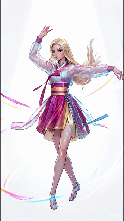 A cinematic 8-second video of a blonde woman in a stylized, modern Hanbok performing a graceful and fluid traditional dance. Her translucent sleeves and silk skirt billow elegantly with every movement. Iridescent light trails swirl around her in a wh