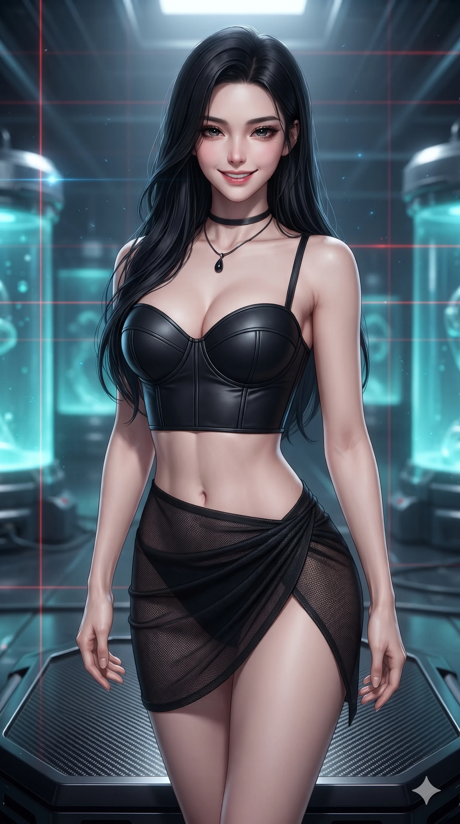 score_9, masterpiece, best quality, ultra-detailed, high-budget anime keyframe, editorial fashion photography, tasteful artistic composition, Korean woman. close-up cowboy shot from the waist and thighs up, the character dominates the composition, filling the frame with her large presence. smiling with quiet, magnetic self-assurance directly into the camera with heavy-lidded sparkling eyes while poised on a dark carbon-fiber platform while laser calibration grids scan the room, glowing cyan stasis fluid casting ethereal inner glow through dark glass. The background shows a soft-focus subterranean high-tech laboratory softened in cybernetic sanctuary shallow focus. She has an exceptionally elegant, slender, and willowy female figure with an ultra-slim waist, flat toned midriff, narrow ribcage, and sculpted feminine hips creating an alluring, slim hourglass silhouette without bulk. sharp v-shaped jawline, high-bridge nose, intricate jewel-like dark sparkling eyes with hypnotic seductive depth, thick curled eyelashes, glossy parted lips with a natural wine sheen, alluring bedroom-eyes with an enigmatic smoldering smile, exuding magnetic sovereign charisma and dark avant-garde glamour, flawlessly proportioned anatomical accuracy, strict slender model proportions, natural body alignment, perfectly sculpted long slender limbs, ultra-slim waistline, clean dynamic posture without body distortion. wearing a structured underwire leather bustier top paired with an ultra-short draped wrap mini skirt in pure obsidian monochrome with subtle metallic sheen, crafted from fine dark contouring mesh with sheer geometric transparency, finished with a minimalist dark choker and a single teardrop pendant, the high-slit wrap tailoring accentuating her ultra-slim waistline and the enchanting curve of her feminine hips with alluring seductive charm. surrounded by a cool cybernetic aura with intense edge lighting and glowing cyan stasis backlights. ultra-reflective glossy finish, specular highlights, metallic sheen, high-contrast stereoscopic depth, volumetric dynamic lighting, 2k, ultra detail, master piece, 9:16 ratio