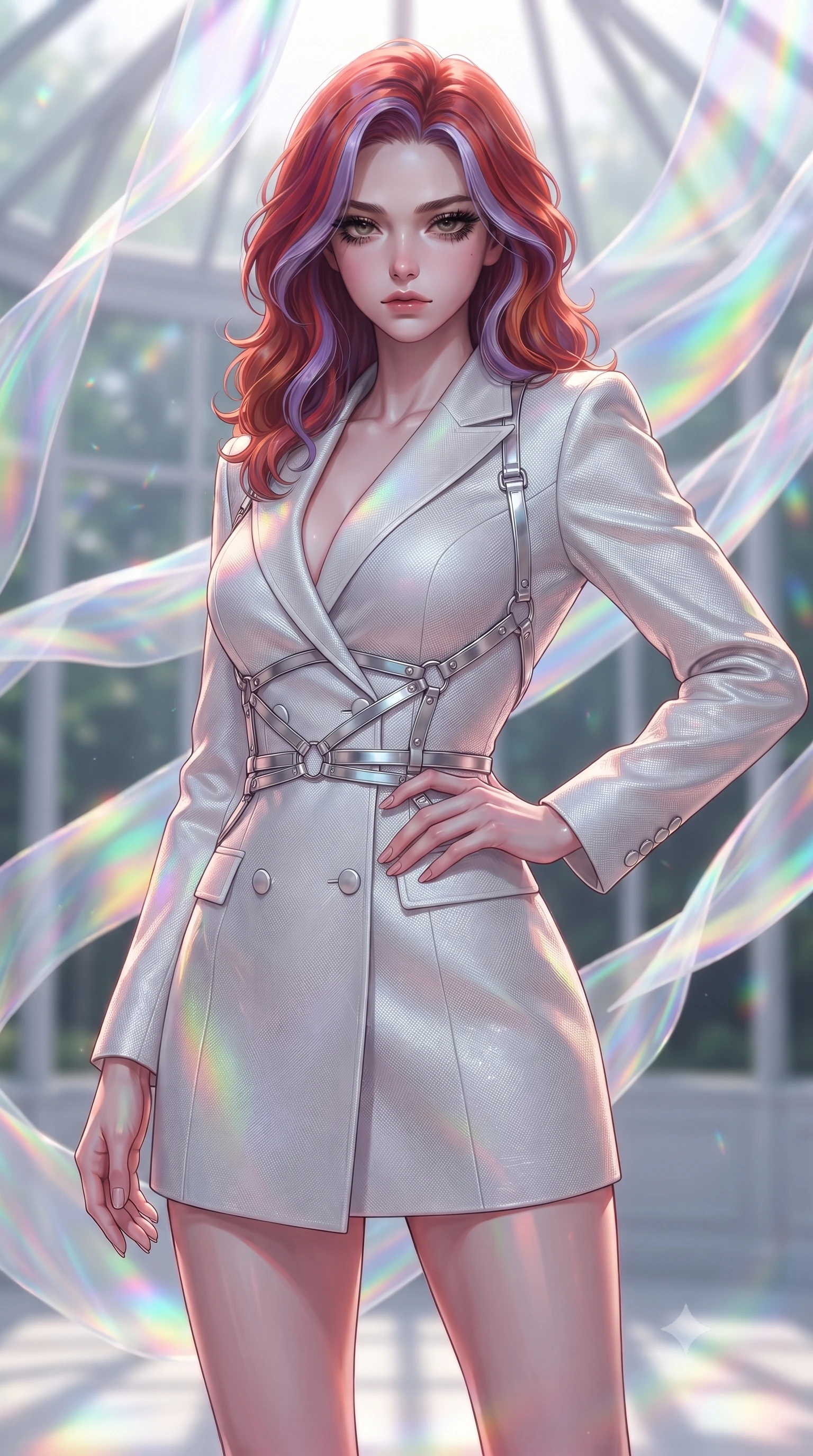 score_9, masterpiece, best quality, ultra-detailed, high-budget anime keyframe, editorial fashion photography, tasteful artistic composition, Caucasian woman. close-up cowboy shot from the waist and thighs up, the character dominates the composition, filling the frame with her large presence, background elements kept in soft focus. Casting a slow, direct gaze beneath heavy lashes with quiet intensity, standing inside a glass pavilion draped in floating ribbons of iridescent holographic organza, editorial fashion presence with ethereal movement trails. She has an exceptionally elegant, slender, and willowy female figure with an ultra-slim waist, a gracefully sculpted slender torso, and a refined silhouette. sharp v-shaped jawline, high-bridge nose, intricate jewel-like eyes with depth, thick eyelashes, glossy lips with a natural sheen. wearing tailored double-breasted opal white blazer dress in metallic silver, made of fine silver contouring mesh, highlighted by a platinum metallic harness structure, highlighting her statuesque proportions and ultra-slim waistline. illuminated by brilliant multi-color rainbow light refracting through holographic organza. highly saturated vibrant anime colors, detailed shading with soft gradients, rich glossy textures, high-contrast stereoscopic depth, volumetric dynamic lighting, master piece, 9:16 ratio