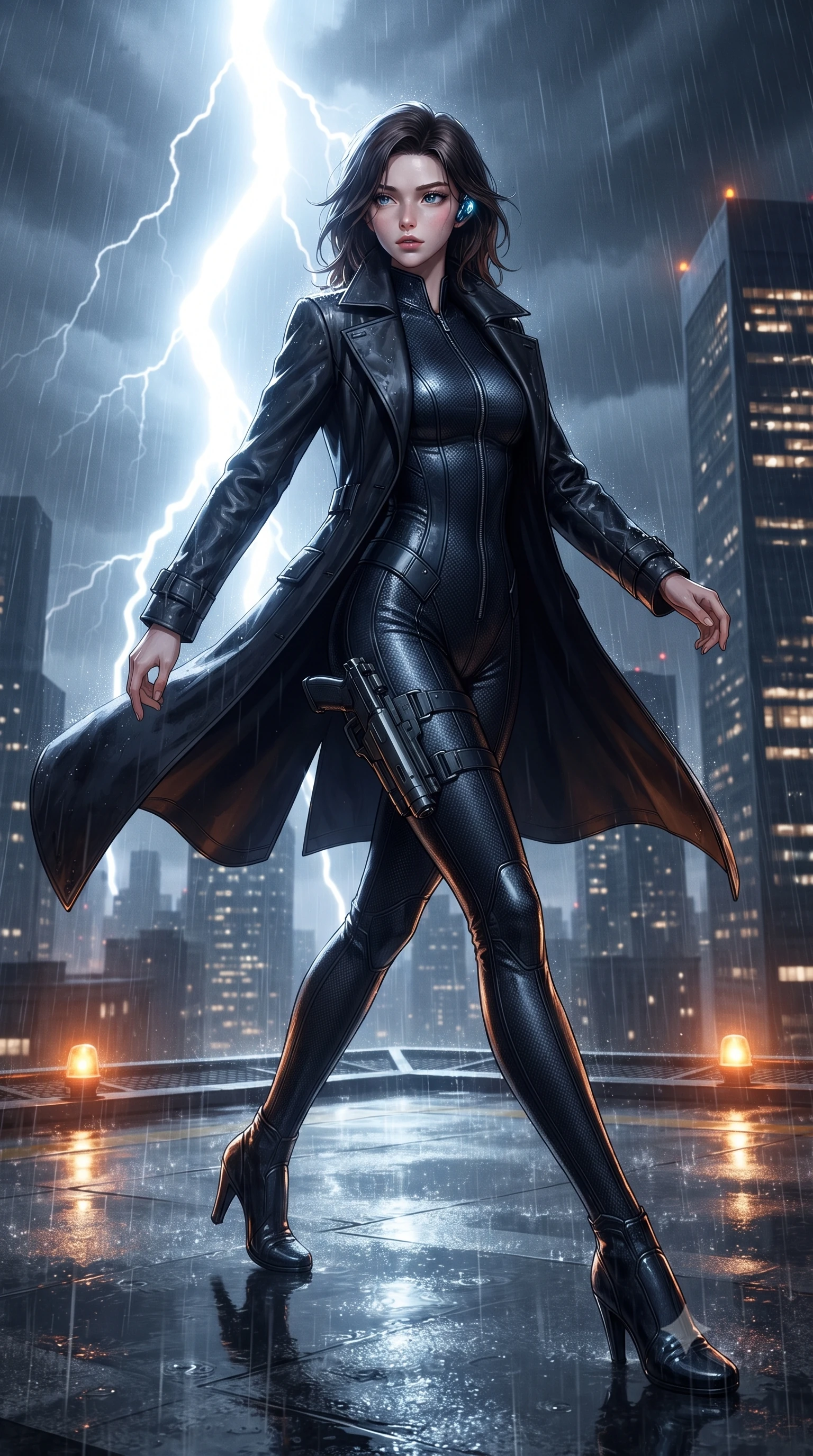 score_9, masterpiece, best quality, ultra-detailed, high-budget anime keyframe, editorial fashion photography, tasteful artistic composition, Korean woman. low angle full-body shot from head to toe showing her feet, filling the entire 9:16 vertical frame with her statuesque presence, stretching her vertical silhouette. pivoting dynamically with supreme athletic balance and poise, her impossibly long slender legs creating a breathtaking line while striding through the rainstorm with lethal grace, grappling gun holstered at her hip as thunder rumbles overhead. The surrounding environment is rendered in vivid detail and crisp panoramic clarity. intense neo-noir chiaroscuro and atmospheric rain-soaked metropolis action aesthetics rendered with precision. She has an absolutely perfect, statuesque 8.5-heads proportion, an exceptionally tall and slender model-like female figure with impossibly long slender legs, a toned flat midriff, and an ultra-slim waist. sharp v-shaped jawline, high-bridge nose, intricate jewel-like eyes with depth, thick eyelashes, glossy lips with a natural sheen, captivating and magnetic expression, flawlessly proportioned anatomical accuracy, strict slender model proportions, natural body alignment, perfectly sculpted long slender limbs, ultra-slim waistline, clean dynamic posture without body distortion. wearing a sleek second-skin dark carbon-weave infiltration catsuit paired with a tailored long leather trench coat in stealth obsidian black and midnight navy, crafted from flexible ballistic matte leather and ultra-sleek stretch neoprene, equipped with a minimalist titanium leg holster and smart holographic earpiece, the glove-like aerodynamic second-skin fit tightly clinging to her ultra-slender waist and athletic curves without adding bulk, accentuating her razor-sharp statuesque lines and slim hourglass silhouette. bathed in blinding white storm lightning flash backlighting and warm amber perimeter beacon fill. ultra-reflective glossy finish, specular highlights, rich textural contrasts, high-contrast stereoscopic depth, volumetric dynamic lighting, 2k, ultra detail, master piece, 9:16 ratio