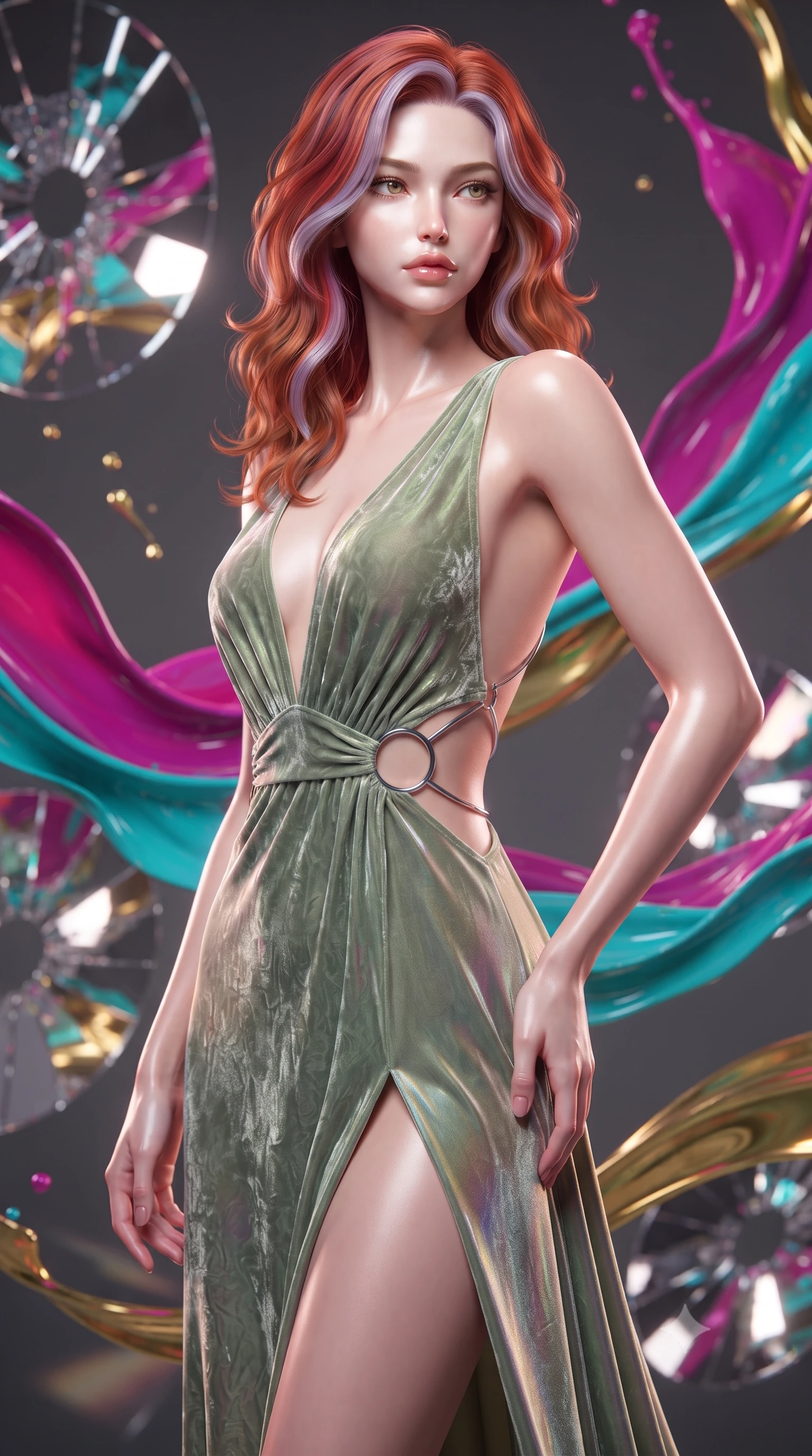 score_9, masterpiece, best quality, ultra-detailed, high-budget anime keyframe, editorial fashion photography, tasteful artistic composition, Caucasian woman. close-up cowboy shot from the waist and thighs up, the character dominates the composition, filling the frame with her large presence, background elements kept in soft focus. Gazing past the camera with an air of effortless elegance and mysterious confidence surrounded by rotating shattered mirror sculptures reflecting bright acrylic colors, swirling ribbons of magenta, turquoise, and gold liquid paint in zero-gravity. She has an exceptionally elegant, slender, and willowy female figure with an ultra-slim waist, a gracefully sculpted slender torso, and a refined silhouette. sharp v-shaped jawline, high-bridge nose, intricate jewel-like eyes with depth, thick eyelashes, glossy lips with a natural sheen. wearing a backless crushed velvet gown with a deep V-neckline and high thigh slit in sage green and oatmeal, crafted from iridescent chiffon that shifts colors in the light, accented with delicate chrome ring hardware framing her waist, the glove-like fit emphasizing her statuesque silhouette. bathed in high-contrast vibrant studio lighting with sharp specular highlights. ultra-reflective glossy finish, specular highlights, metallic sheen, high-contrast stereoscopic depth, volumetric dynamic lighting, 2k, ultra detail, master piece, 9:16 ratio