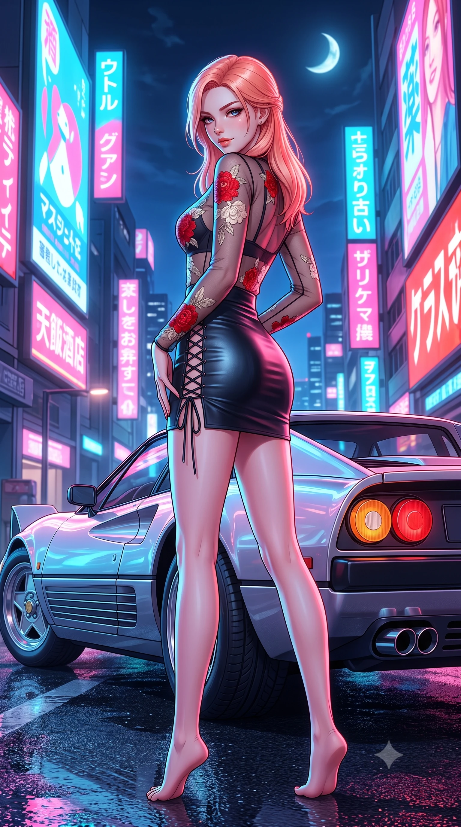 score_9, masterpiece, best quality, ultra-detailed, high-budget anime keyframe, semi-realistic 3D game render, editorial fashion photography, tasteful artistic composition, Japanese woman. low angle full-body shot from head to toe showing her feet, filling the entire 9:16 vertical frame with her statuesque presence, stretching her vertical silhouette. walking along the moonlit terrace with poise, looking back over her bare shoulder with an irresistible smoldering bedroom-gaze while standing poised beside a sleek retro sports car parked on the shoulder, arching her back with dangerous 80s city-pop glamour. The surrounding environment is rendered in vivid detail and crisp panoramic clarity: sharp retro car pop-up headlight housings, wet asphalt texture, and chrome exhaust pipe gleam in deep focus. She has an absolutely perfect, statuesque 8.5-heads proportion, an exceptionally tall and slender model-like female figure with impossibly long slender legs, an ultra-slim waist, a flat toned midriff, narrow delicate ribcage, and beautifully sculpted feminine hips creating a graceful, slim hourglass silhouette without any bulky heaviness. sharp v-shaped jawline, high-bridge nose, sparkling eyes with hypnotic seductive depth, thick curled eyelashes, glossy parted lips with a natural dewy peach sheen, alluring bedroom-eyes with an enchanting coquettish smile, exuding magnetic siren charisma and sophisticated glamour, flawlessly proportioned anatomical accuracy, strict slender model proportions, natural body alignment, perfectly sculpted long slender limbs, ultra-slim waistline, clean dynamic posture without body distortion. wearing a provocative sheer illusion mesh jeogori with strategic embroidered silk flowers over a micro-bralette and satin briefs in royal vermilion crimson and pale ivory silk, woven from buttery-soft stretch lambskin leather adhering to her body like a second skin, featuring fine criss-cross lace-up side ties revealing tantalizing glimpses of her hip curve, the glove-like clinging cut tightly following the natural contour of her hips and long slender legs with youthful 8.5-heads elegance. bathed in dynamic dual-tone neon lighting spilling from towering Japanese billboard displays. highly saturated vibrant anime colors, detailed shading with soft gradients, rich glossy textures, high-contrast stereoscopic depth, volumetric dynamic lighting, master piece, 9:16 ratio