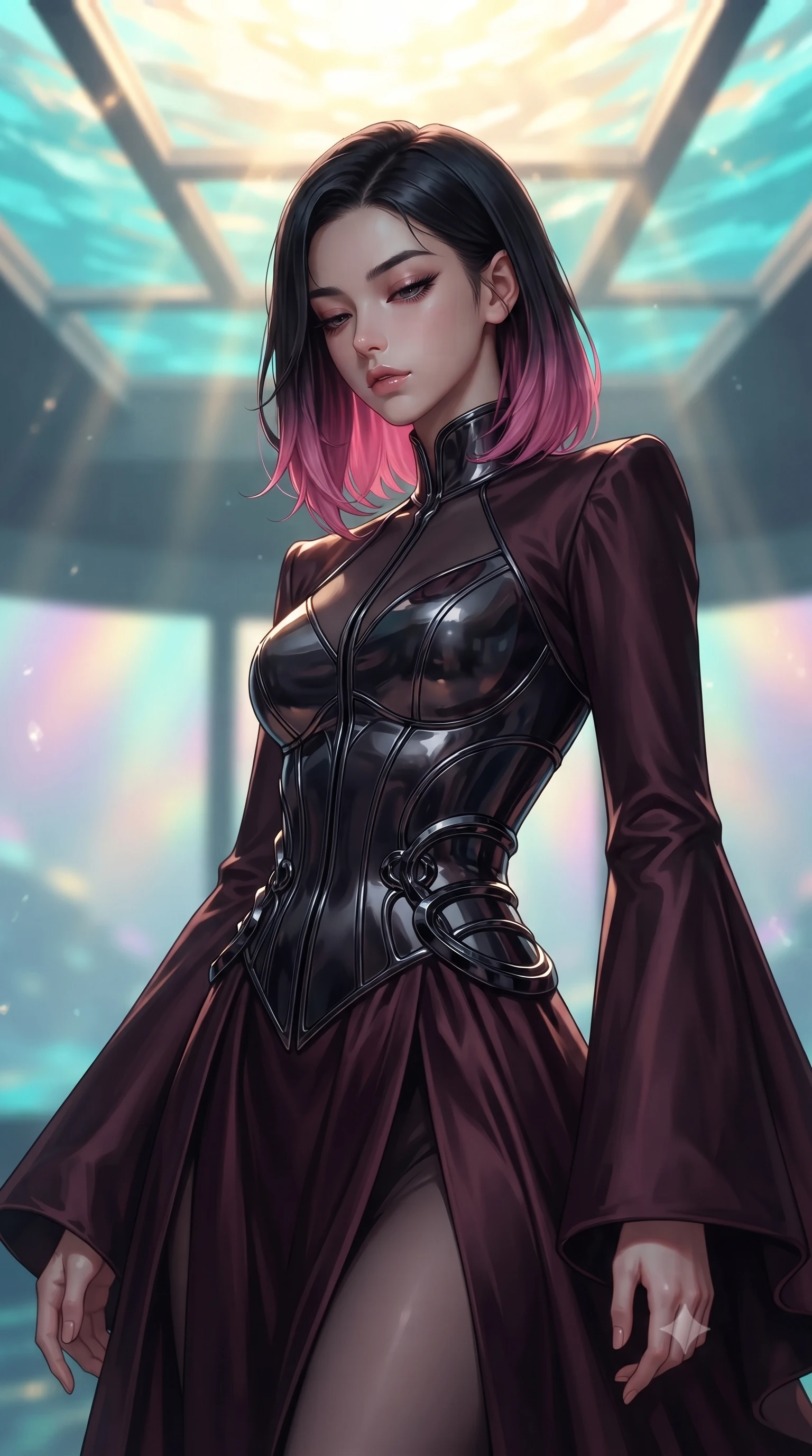score_9, masterpiece, best quality, ultra-detailed, high-budget anime keyframe, editorial fashion photography, tasteful artistic composition, Korean woman. close-up cowboy shot from the waist and thighs up, the character dominates the composition, filling the frame with her large presence, background elements kept in soft focus. Looking down with lowered lashes and a composed, powerful dark aura, poised beneath a glass ceiling as golden sunlight dances through turquoise water, glass ceiling reflecting bright ocean light in soft-focus pastel spectrums. She has an exceptionally elegant, slender, and willowy female figure with an ultra-slim waist, a gracefully sculpted slender torso, and a refined silhouette. sharp v-shaped jawline, high-bridge nose, intricate jewel-like eyes with depth, thick eyelashes, glossy lips with a natural sheen. wearing gothic high-collar dark plum silk evening gown with bell sleeves in dark mahogany, made of sculpted obsidian metallic chrome, accented with sculpted obsidian chrome rings at the waist, following her slender form with tailored precision. illuminated by golden caustic water rays and bright turquoise sea light. highly saturated vibrant anime colors, detailed shading with soft gradients, rich glossy textures, high-contrast stereoscopic depth, volumetric dynamic lighting, master piece, 9:16 ratio
