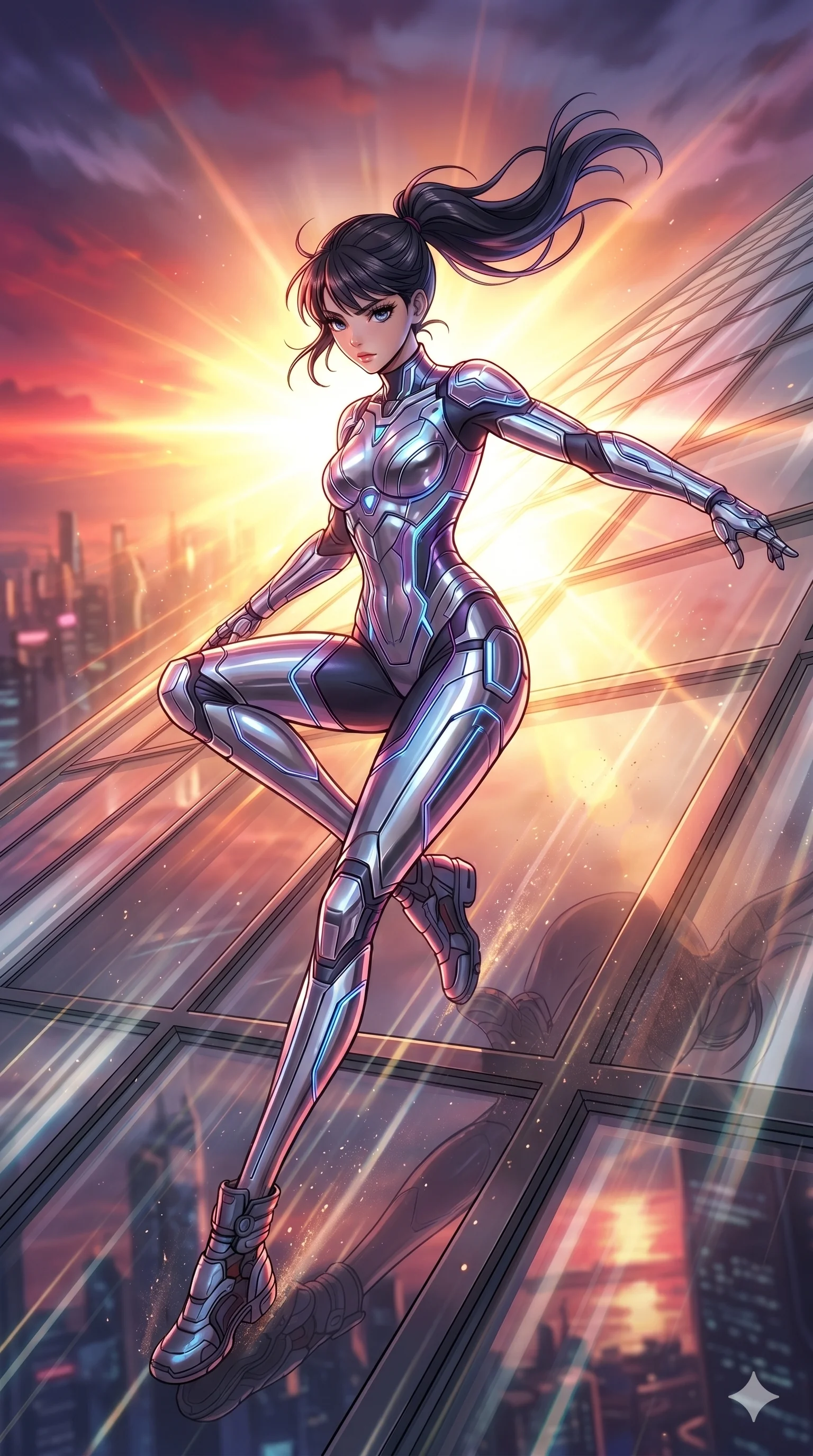 score_9, masterpiece, best quality, ultra-detailed, high-budget anime movie keyframe, cinematic anime lighting, intricate line art, Caucasian (strictly human ears) woman. Low angle cowboy shot capturing a powerful motion and statuesque presence. sliding down a glass roof as the sun creates a blinding glare. She has an graceful and slender female figure with elegant proportions. strictly human anatomy, two legs only, no extra limbs, clearly defined legs and arms, well-defined anatomy, perfect hands and fingers. sharp v-shaped jawline, high-bridge nose, intricate jewel-like eyes, thick eyelashes, glossy lips. Wearing Cyber-Tech Legacy: Futuristic tech-outfit with sleek panels and a chrome-plated aesthetic. The scene is illuminated by dramatic atmospheric lighting and vibrant color palettes. , 2k, ultra detail, master piece, 9:16 ratio