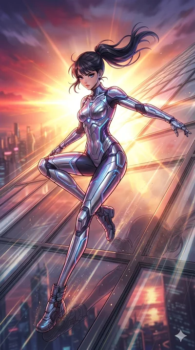 score_9, masterpiece, best quality, ultra-detailed, high-budget anime movie keyframe, cinematic anime lighting, intricate line art, Caucasian (strictly human ears) woman. Low angle cowboy shot capturing a powerful motion and statuesque presence. slid