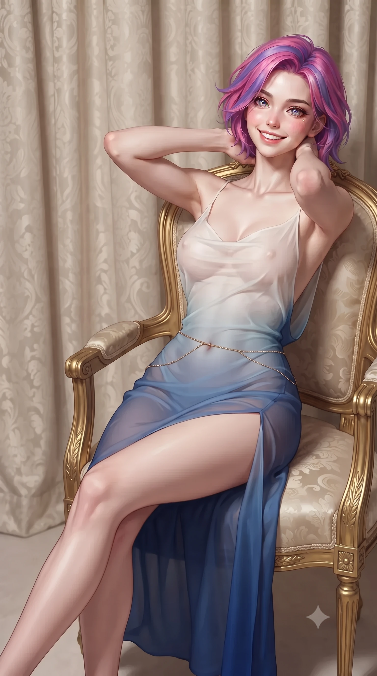 score_9, masterpiece, best quality, ultra-detailed, high-budget anime keyframe, editorial fashion photography, tasteful artistic composition, Caucasian woman. close-up cowboy shot from the waist and thighs up, the character dominates the composition, filling the frame with her large presence. resting both hands lightly behind her neck with elbows raised, arching her spine to highlight her narrow waist, flat midriff, and breathtaking collarbones while lounging gracefully in the gilded Louis XVI bergère chair propped on one elbow with legs extended, displaying her long slender limbs and statuesque hourglass silhouette. The background shows a soft-focus heavy cream silk damask curtains softened in high-society French casino shallow focus. She has an exceptionally elegant, slender, and willowy female figure with an ultra-slim waist, flat toned midriff, narrow ribcage, and sculpted feminine hips creating an alluring, slim hourglass silhouette without bulk. sharp v-shaped jawline, high-bridge nose, intricate jewel-like sparkling eyes with depth, thick eyelashes, glossy parted lips with a natural peach sheen, bright cheerful beaming smile with an enchanting and coquettish sensual glint, exuding both youthful cute charm and seductive allure, flawlessly proportioned anatomical accuracy, strict slender model proportions, natural body alignment, perfectly sculpted long slender limbs, ultra-slim waistline, clean dynamic posture without body distortion. wearing a form-contouring gossamer silk chiffon slip dress with a hip-high slit and open cowl back clinging with dewy moisture in Normandy Étretat alabaster chalk white and Atlantic cobalt, made of sheer gossamer chiffon that drapes softly against skin with airy translucence, accented with a dainty gold belly chain resting across her flat midriff and curving hips, the bespoke structured tailoring following the natural line of her 8.5-heads silhouette with refined elegance. illuminated by mirror reflection fill and sharp champagne-gold rim lights sculpting her jawline, narrow waist, and curvy hips. ultra-reflective glossy finish, specular highlights, rich textural contrasts, high-contrast stereoscopic depth, volumetric dynamic lighting, 2k, ultra detail, master piece, 9:16 ratio