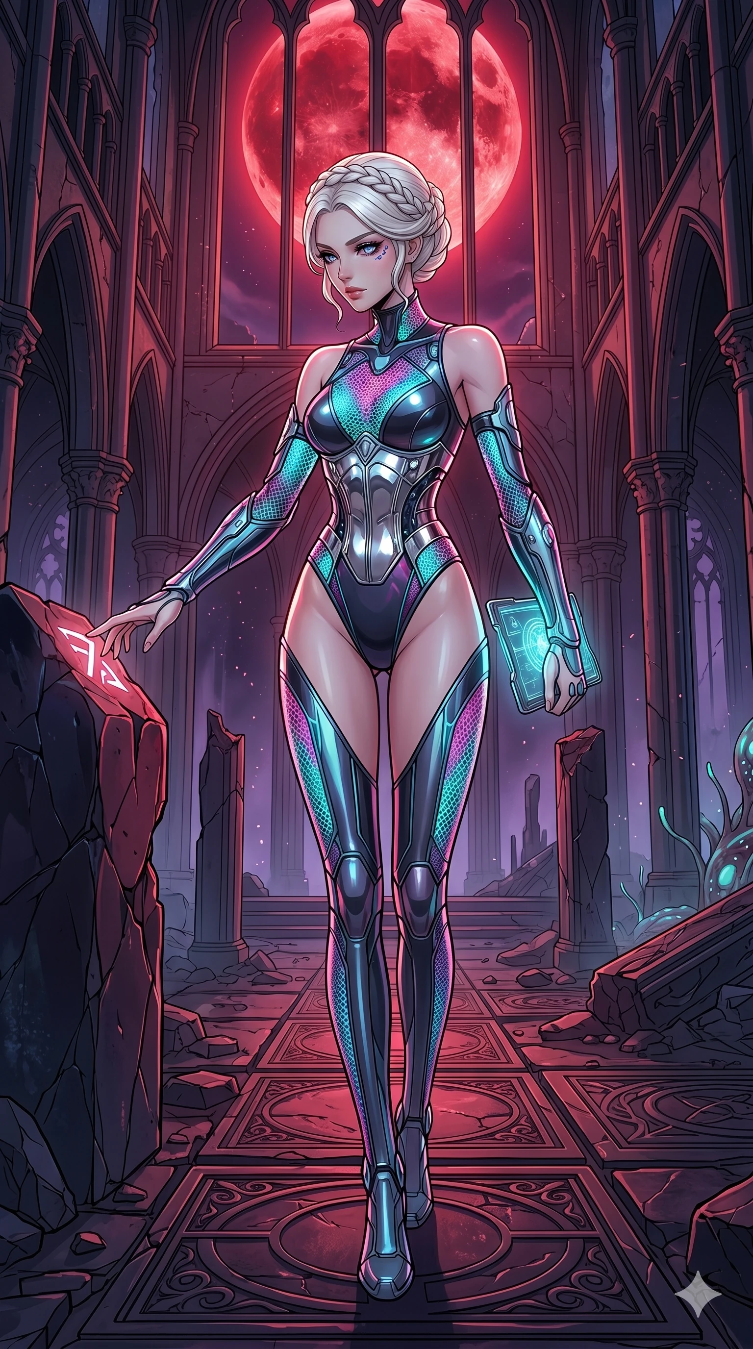 score_9, masterpiece, best quality, ultra-detailed, high-budget anime movie keyframe, cinematic anime lighting, intricate line art, Japanese woman. Dynamic full-body shot stretching the vertical silhouette with extreme perspective. inspecting a garden of bioluminescent mechanical plants in a lunar dome. She has an absolutely perfect 8-heads proportion, an exceptionally tall and slender female figure with an ultra-slim waist and impossibly long slender legs. strictly human anatomy, two legs only, no extra limbs, clearly defined legs and arms, perfect anatomy, perfect hands and fingers. sharp v-shaped jawline, high-bridge nose, intricate jewel-like eyes, thick eyelashes, glossy lips. Wearing Cyber-Tech Legacy: Asymmetrical high-cut tech-bodysuit with detached sleeves and chrome-plated corset over sheer lace. The scene is illuminated by dramatic atmospheric lighting and vibrant color palettes. , 2k, ultra detail, master piece, 9:16 ratio