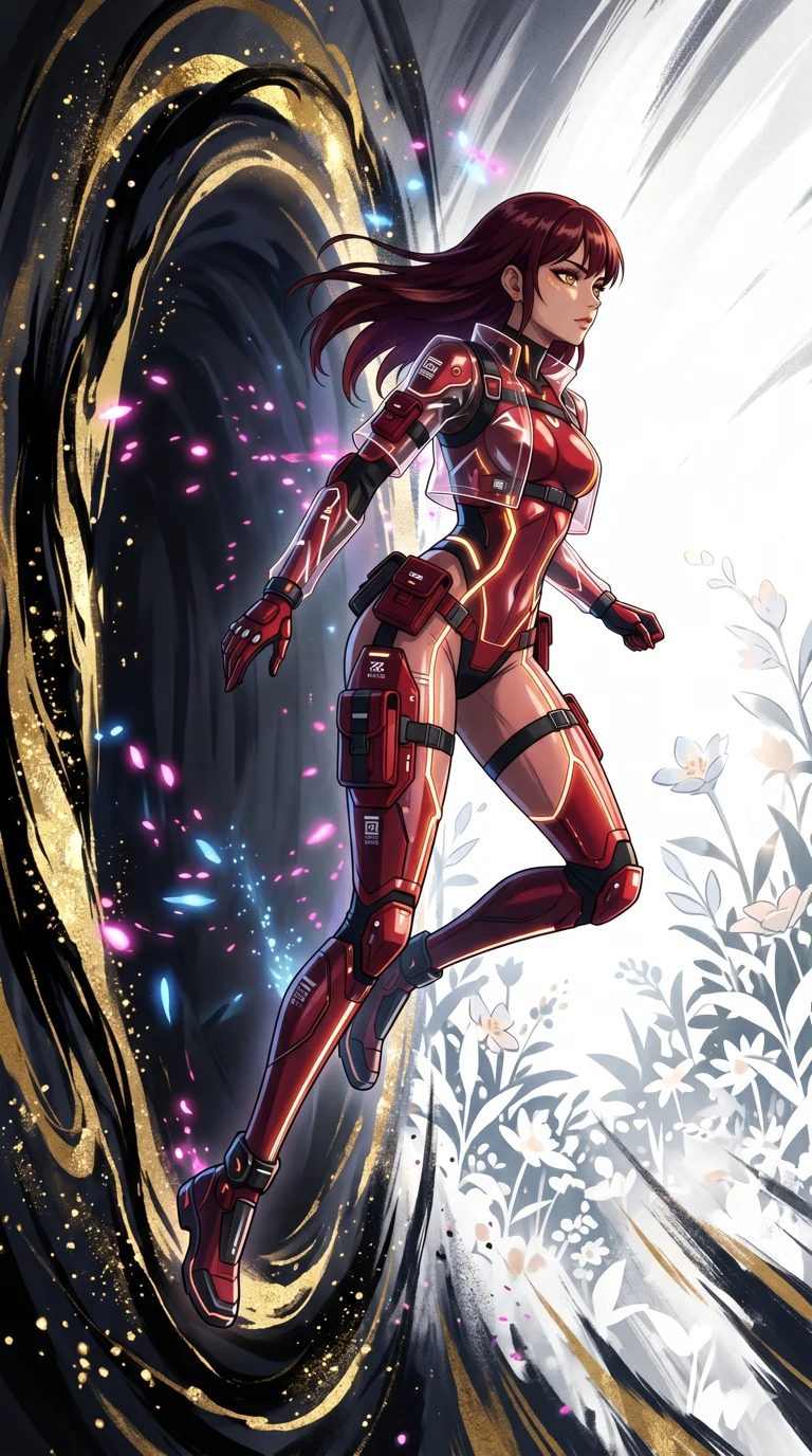 score_9, masterpiece, best quality, ultra-detailed, High-budget Anime Keyframe, beautiful Caucasian anime girl (strictly human ears). Dynamic full-body shot stretching the vertical silhouette with her statuesque presence. Leaping through a portal made of swirling ink and gold leaf into a bright white garden. She has an absolutely perfect 8-heads proportion, an exceptionally tall and slender female figure with impossibly long slender legs and an ultra-slim waist. Sharp v-shaped jawline, high-bridge nose, intricate jewel-like eyes with depth, thick eyelashes, glossy lips with a natural sheen. Wearing a Tech-Fantasy outfit: crimson cybernetic tech-suit with glowing seams, translucent PVC over leotard, modular tactical gear. Background is a bright and colorful environment with cinematic lighting, dynamic particle effects, and high-contrast shadows. 2k, ultra detail, master piece, 9:16 ratio