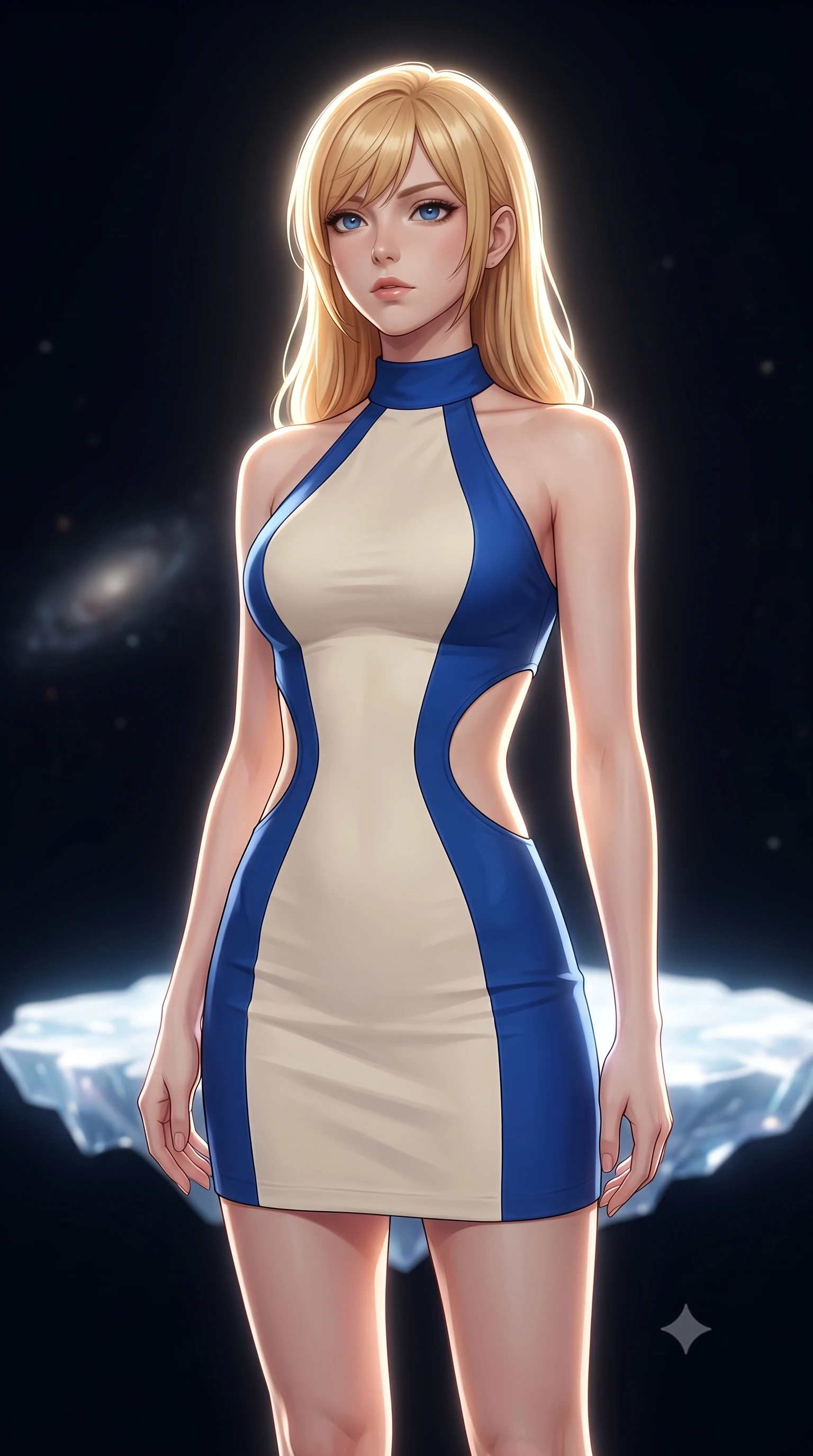 score_9, masterpiece, best quality, ultra-detailed, high-budget anime keyframe, editorial fashion photography, tasteful artistic composition, Caucasian woman, strictly human ears. close-up cowboy shot from the waist and thighs up, the character dominates the composition, filling the frame with her large presence, background elements kept in soft focus. Gazing past the camera with an air of effortless superiority. set against a soft-focus background of the absolute emptiness of intergalactic space between galaxy clusters a single small platform of crystallized light floating in infinite darkness with the nearest galaxy a faint smudge billions of light-years away. She has an exceptionally elegant and slender, willowy female figure with an ultra-slim waist, a gracefully sculpted slender torso, and a refined slim physique. sharp v-shaped jawline, high-bridge nose, intricate jewel-like eyes with depth, thick eyelashes, glossy lips with a natural sheen. wearing a structured halter-neck bodycon dress in two-tone cobalt blue and cream, with dramatic curved cutouts at the sides of the torso. dramatic backlight creating a radiant halo effect around her entire silhouette. 2k, ultra detail, master piece, 9:16 ratio