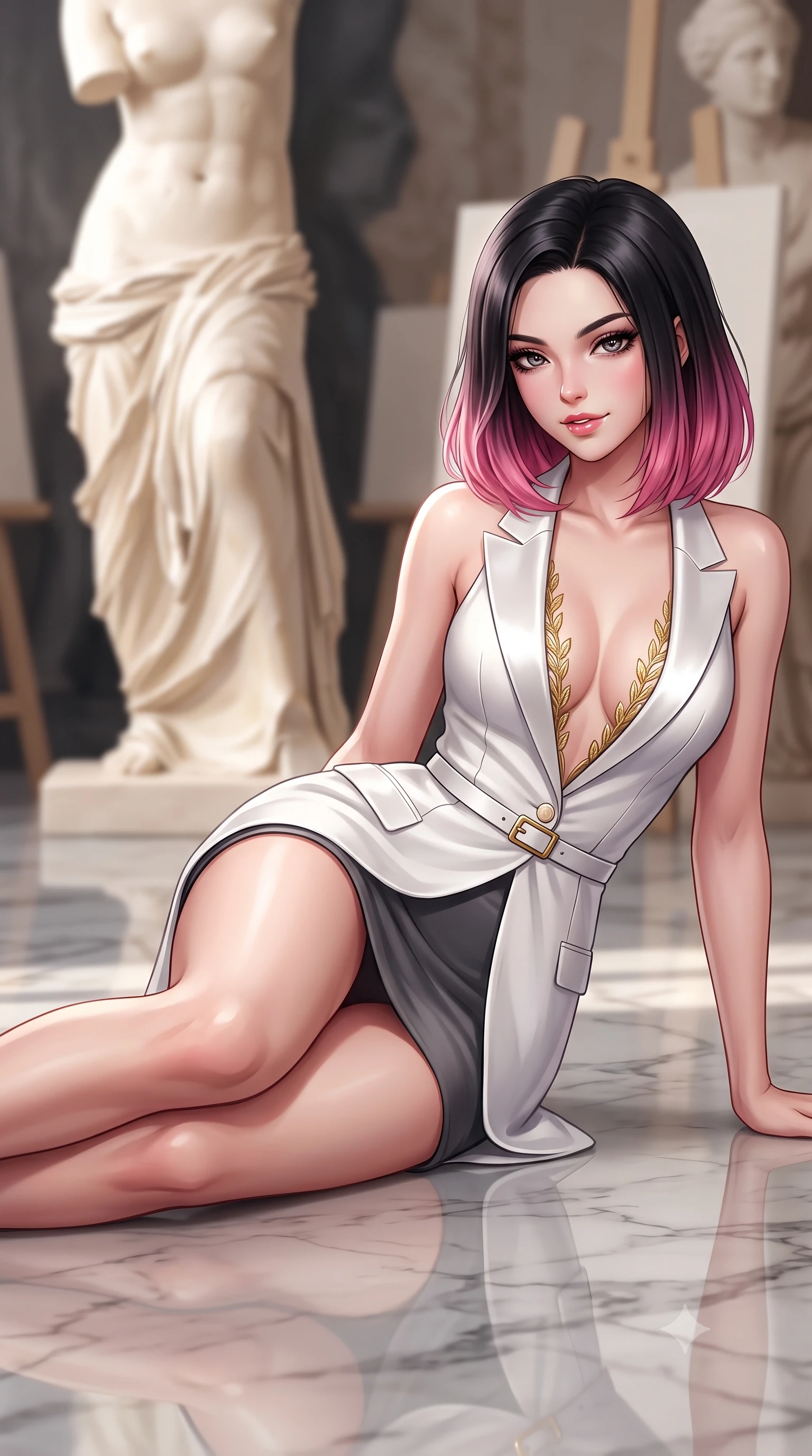 score_9, masterpiece, best quality, ultra-detailed, high-budget anime keyframe, semi-realistic 3D game render, editorial fashion photography, tasteful artistic composition, Korean woman. close-up cowboy shot from the waist and thighs up, the character dominates the composition, filling the frame with her large presence. turning over a bare shoulder with an intoxicating, teasing smile, her soft hair framing her sharp jawline as her hips angle gracefully while lying languidly on the polished marble studio floor, legs extended in an alluring dancer line as north light pours over her form. The composition keeps background elements in soft focus with creamy bokeh. towering plaster neoclassical statues and canvas easel silhouettes blurred into creamy alabaster, charcoal, and warm stone bokeh. She has an exceptionally elegant, slender, and willowy female figure with an ultra-slim waist, a gracefully sculpted slender torso, toned flat midriff, and rounded feminine hips creating an alluring hourglass silhouette. sharp v-shaped jawline, high-bridge nose, intricate jewel-like eyes with depth, thick eyelashes, glossy parted lips with a natural sheen, intensely captivating and seductive bedroom-eyes expression, flawlessly proportioned anatomical accuracy, strict slender model proportions, natural body alignment, perfectly sculpted long slender limbs, ultra-slim waistline, clean dynamic posture without body distortion. wearing a tailored white tuxedo vest dress with satin lapels and a slim gold-buckle waist belt in plaster chalk white and charcoal grey, tailored from liquid silk jersey adhering like living marble to her slender build, finished with delicate golden leaf embroidery outlining the plunging neckline, the form-contouring material adhering flawlessly to her sculpted flat midriff and slender torso, emphasizing her long leg lines and perfectly proportioned willowy build. surrounded by a divine, timeless, and breathtakingly majestic living sculpture goddess aura. highly saturated vibrant anime colors, detailed shading with soft gradients, rich glossy textures, high-contrast stereoscopic depth, volumetric dynamic lighting, master piece, 9:16 ratio