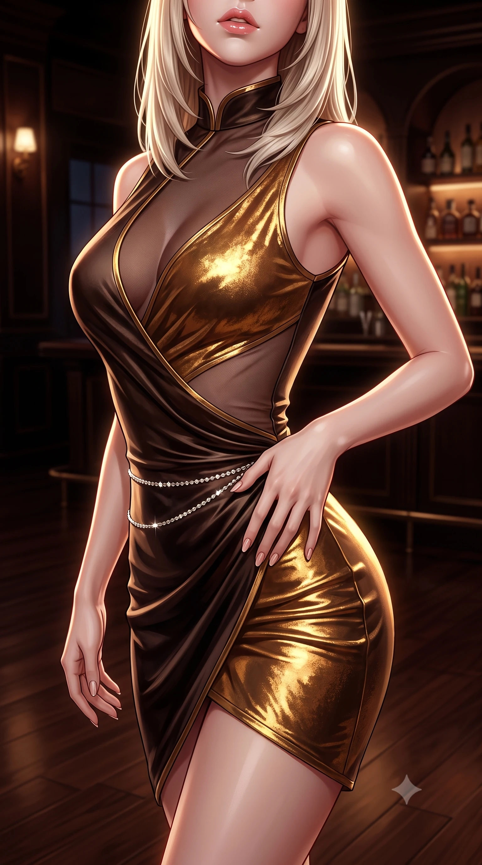 score_9, masterpiece, best quality, ultra-detailed, high-budget anime keyframe, semi-realistic 3D game render, editorial fashion photography, tasteful artistic composition, Japanese woman. close-up cowboy shot from the waist and thighs up, the character dominates the composition, filling the frame with her large presence. resting one manicured hand delicately on her hip bone, her upper body turning in a fluid, seductive S-curve while parted lips glisten in the light while gliding across the polished dark walnut dance floor with supermodel momentum, her dress tightly hugging her feminine curves. The surrounding environment is rendered in vivid detail and crisp panoramic clarity. intense atmospheric jazz-noir chiaroscuro and sophisticated speakeasy romance aesthetics in precision. She has an exceptionally elegant, slender, and willowy female figure with an ultra-slim waist, flat toned midriff, narrow ribcage, and sculpted feminine hips creating an alluring, slim hourglass silhouette without bulk. sharp v-shaped jawline, high-bridge nose, intricate jewel-like eyes with depth, thick eyelashes, glossy parted lips with a natural sheen, intensely captivating and seductive bedroom-eyes expression, flawlessly proportioned anatomical accuracy, strict slender model proportions, natural body alignment, perfectly sculpted long slender limbs, ultra-slim waistline, clean dynamic posture without body distortion. wearing a wet-look silk fusion wrap dress with asymmetrical sheer mesh cutouts and high Mandarin collar in dark espresso brown and molten gold foil, crafted from heavyweight crushed silk velvet with liquid vintage luster, accented with a dainty diamond waist chain catching the ambient light reflections, the liquid-tight tailored fabric clinging flawlessly to her narrow waist and rounded feminine hips, emphasizing every millimeter of her sculpted slim hourglass curves without any bulky heaviness. illuminated by rich specular rim lights defining her razor-sharp jawline, narrow waist, and curvy hips. highly saturated vibrant anime colors, detailed shading with soft gradients, rich glossy textures, high-contrast stereoscopic depth, volumetric dynamic lighting, master piece, 9:16 ratio