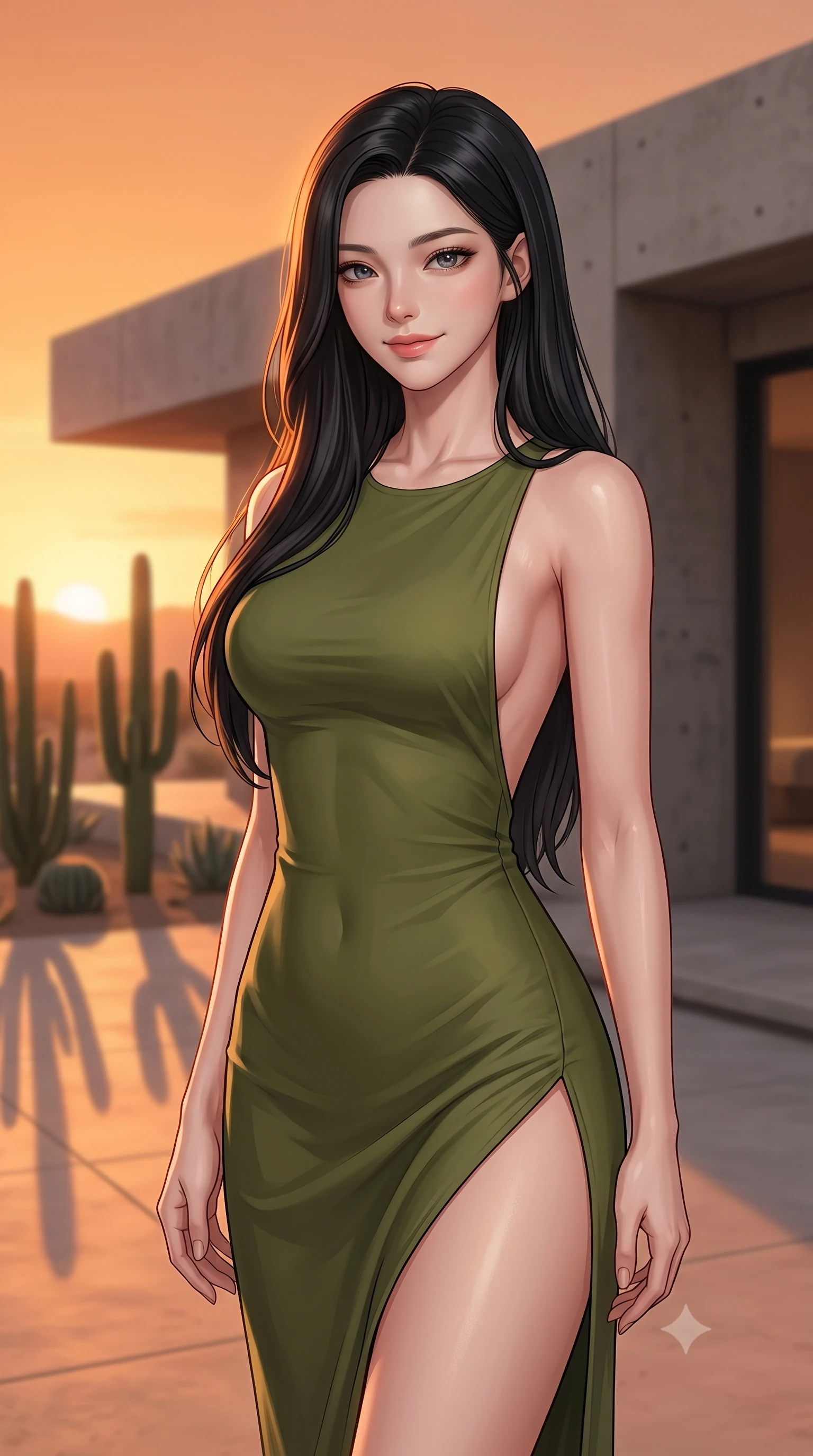 score_9, masterpiece, best quality, ultra-detailed, high-budget anime keyframe, editorial fashion photography, tasteful artistic composition, Korean woman woman. close-up cowboy shot from the waist and thighs up, the character dominates the composition, filling the frame with her large presence, background elements kept in soft focus. tilting her head slightly with a gentle, friendly smile under the warm sun the background shows a soft-focus a patio of a modern concrete villa in the desert, with minimalist cacti landscaping. She has an exceptionally elegant, slender, and willowy female figure with an ultra-slim waist, a gracefully sculpted slender torso, and a refined silhouette. sharp v-shaped jawline, high-bridge nose, intricate jewel-like eyes with depth, thick eyelashes, glossy lips with a natural sheen. wearing a slim-fit dramatic open-back maxi dress in olive green, featuring a high thigh slit. the dramatic orange glow of a desert sunset casting long shadows of the cacti. 2k, ultra detail, master piece, 9:16 ratio