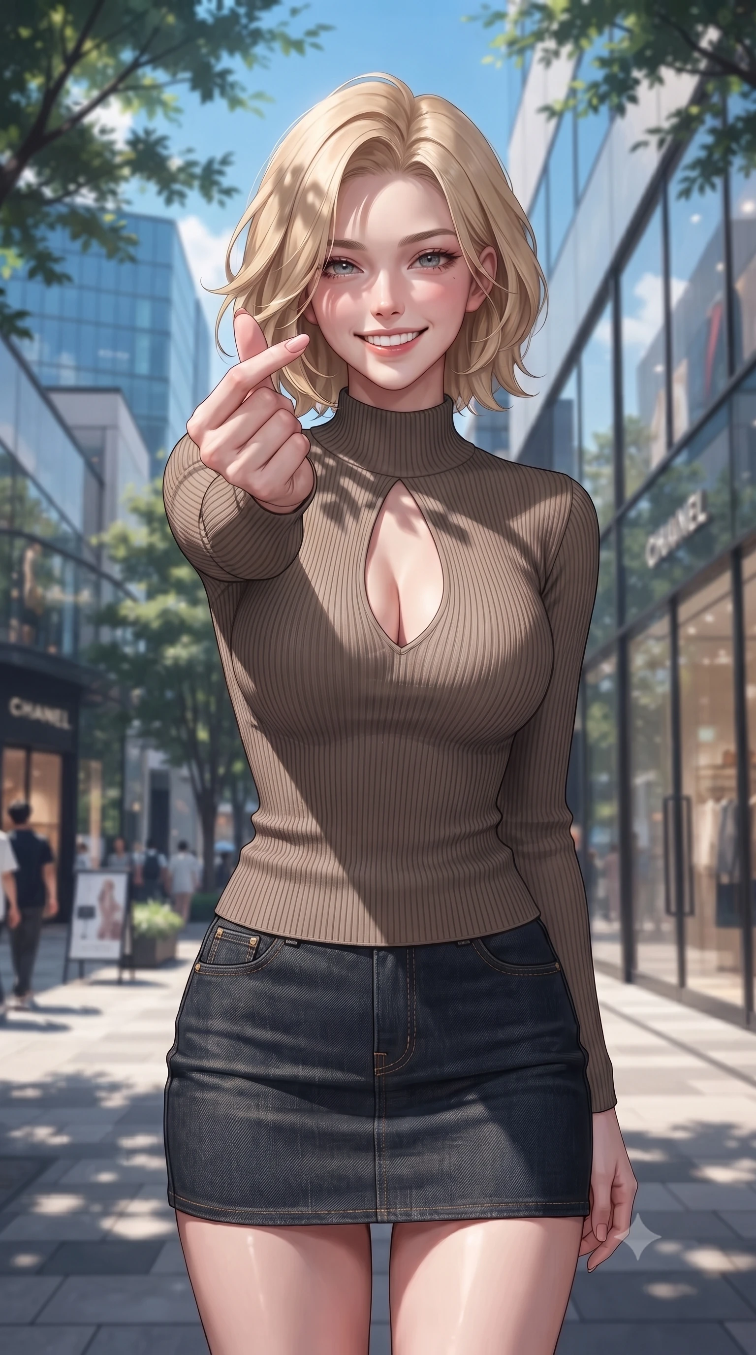 score_9, masterpiece, best quality, ultra-detailed, high-budget anime keyframe, editorial fashion photography, tasteful artistic composition, Caucasian woman. close-up cowboy shot from the waist and thighs up, the character dominates the composition, filling the frame with her large presence, background elements kept in soft focus. flashing a bright, sunny grin, holding her fingers in a cute small heart shape set against a soft-focus background of in a bustling fashion district plaza with glass buildings and designer stores with modern glass shop fronts reflecting the blue sky and trees. She has an exceptionally elegant, slender, and willowy female figure with an ultra-slim waist, a gracefully sculpted slender torso, and a refined silhouette. sharp v-shaped jawline, high-bridge nose, intricate jewel-like eyes with depth, thick eyelashes, glossy lips with a natural sheen. wearing tailored form-contouring ribbed knit top with a plunging keyhole cutout, paired with a dark denim mini skirt. dappled sunlight filtering through the street trees, casting soft shadows. ultra-reflective glossy finish, specular highlights, metallic sheen, high-contrast stereoscopic depth, volumetric dynamic lighting, 2k, ultra detail, master piece, 9:16 ratio