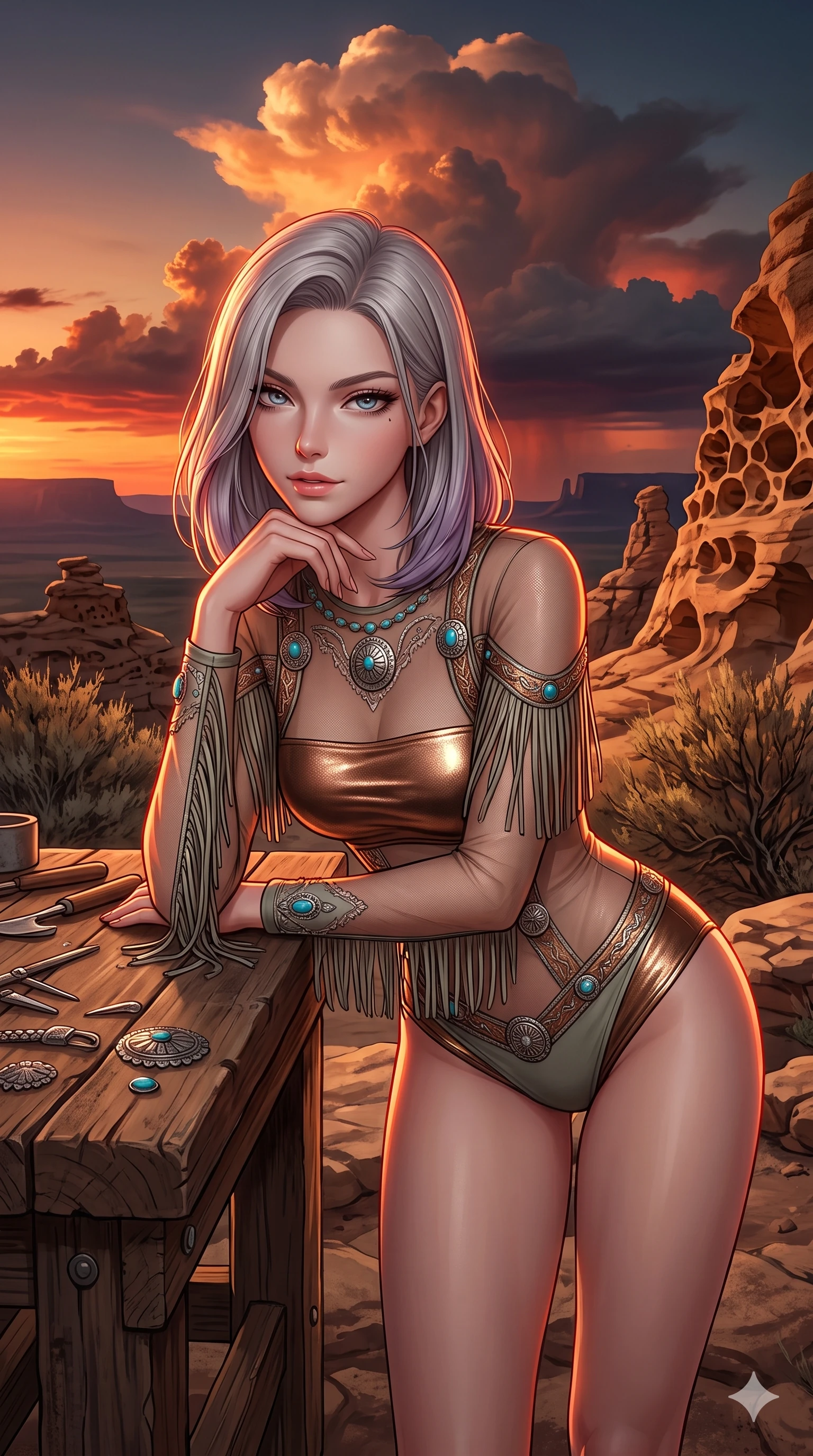 score_9, masterpiece, best quality, ultra-detailed, high-budget anime keyframe, semi-realistic 3D game render, editorial fashion photography, tasteful artistic composition, Caucasian woman. close-up cowboy shot from the waist and thighs up, the character dominates the composition, filling the frame with her large presence. resting one elbow on the workbench and supporting her chin, leaning close to the camera with heavy-lidded sparkling eyes and parted lips while twisting her slender torso in an alluring S-curve on the stone summit, dramatic thunderhead sunset clouds tracing her flat midriff and hourglass curves. The surrounding environment is rendered in vivid detail and crisp panoramic clarity: sharp wind-eroded sandstone honeycomb formations, distant plateau horizon silhouettes, and dry sagebrush shrubs in deep focus. She has an exceptionally elegant, slender, and willowy female figure with an ultra-slim waist, flat toned midriff, narrow ribcage, and sculpted feminine hips creating an alluring, slim hourglass silhouette without bulk. sharp v-shaped jawline, high-bridge nose, sparkling eyes with hypnotic seductive depth, thick curled eyelashes, glossy parted lips with a natural dewy peach sheen, alluring bedroom-eyes with an enchanting coquettish smile, exuding magnetic siren charisma and sophisticated glamour, flawlessly proportioned anatomical accuracy, strict slender model proportions, natural body alignment, perfectly sculpted long slender limbs, ultra-slim waistline, clean dynamic posture without body distortion. wearing a provocative sheer illusion mesh western bodysuit with fringe trim layered over an opaque bandeau and briefs in metallic bronze lamé and dusty desert sage, crafted from luxurious metallic lamé that shifts radiance with every step, accented with authentic engraved silver concho medallions and turquoise cabochons, the impeccably tailored cut draping gracefully along her slender figure with aristocratic western poise. illuminated by sandstone cliff bounce and sharp vermilion-amber rim lights defining her razor-sharp jawline, narrow waist, and curvy hips. highly saturated vibrant anime colors, detailed shading with soft gradients, rich glossy textures, high-contrast stereoscopic depth, volumetric dynamic lighting, master piece, 9:16 ratio