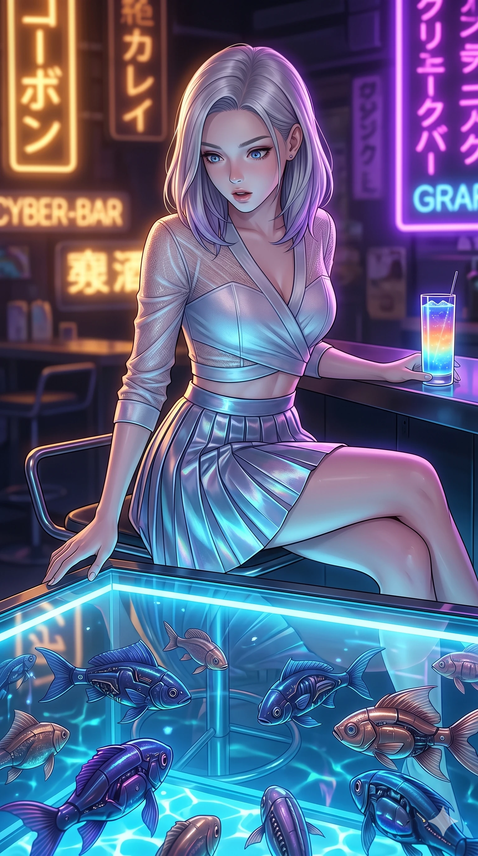 score_9, masterpiece, best quality, ultra-detailed, high-budget anime keyframe, editorial fashion photography, tasteful artistic composition, Caucasian woman, strictly human ears. Upper body close-up from the thighs up, character filling the screen for maximum presence. Inside a neon-lit bar with a glass floor showing swimming robo-fish, sitting on a barstool, looking down at the fish with a fascinated expression. She is wearing a cropped wrap top with sheer panels, paired with a high-waisted metallic skirt. The scene is illuminated by the vibrant blue glow of the aquarium floor and amber key lights. 2k, ultra detail, master piece, 9:16 ratio