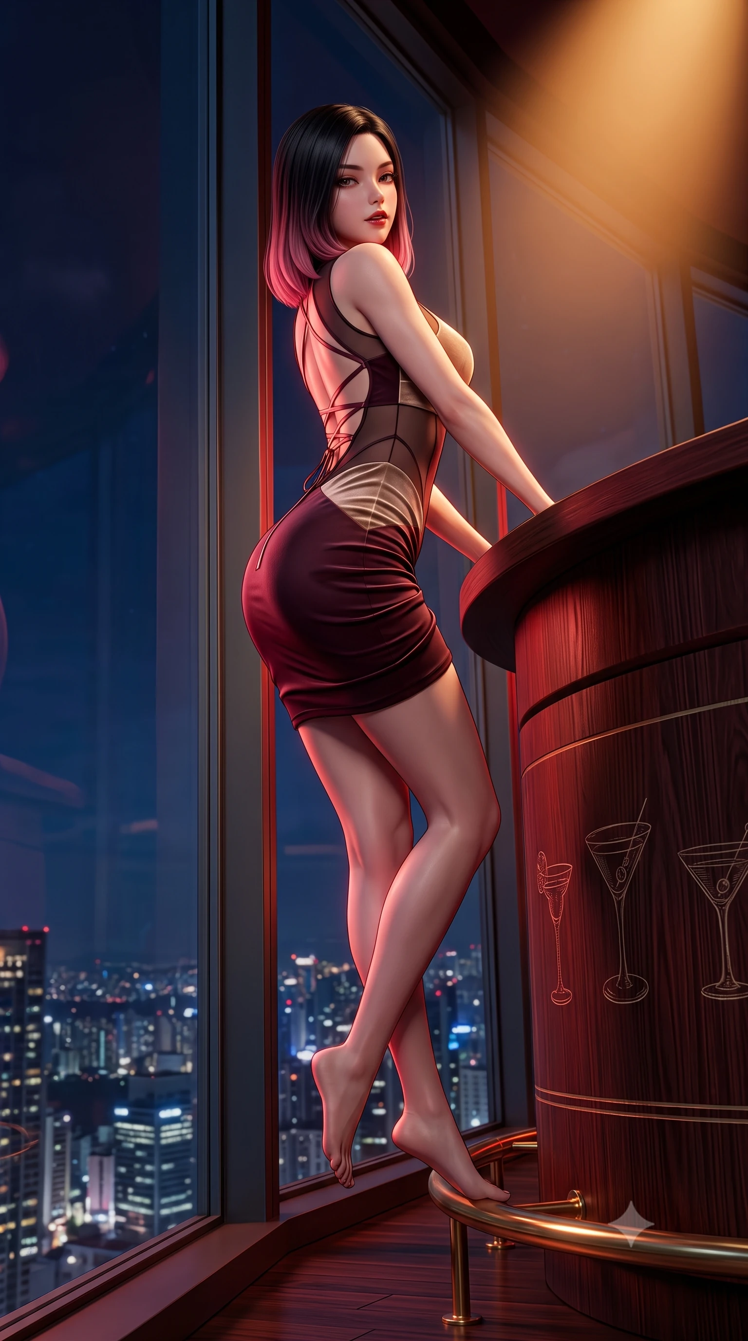 score_9, masterpiece, best quality, ultra-detailed, high-budget anime keyframe, semi-realistic 3D game render, editorial fashion photography, tasteful artistic composition, Korean woman. low angle full-body shot from head to toe showing her feet, filling the entire 9:16 vertical frame with her statuesque presence, stretching her vertical silhouette. leaning back against the panoramic glass window with hips cocked back in an unapologetically alluring high-fashion stance, illuminated by the city night vista while leaning over the curved dark mahogany bar counter with hips angled back, arching her spine with relaxed seductive grace as she gazes directly into the lens. The surrounding environment is rendered in vivid detail and crisp panoramic clarity. sharp polished mahogany wood grain, etched vintage cocktail glass patterns, and brass footrail gleam in deep focus. She has an exceptionally tall and slender model-like 8.5-heads proportion, an ultra-slim waist, a flat toned midriff, narrow delicate ribcage, and beautifully sculpted feminine hips creating a graceful, slim hourglass silhouette without any bulky heaviness, with impossibly long slender legs. sharp v-shaped jawline, high-bridge nose, intricate jewel-like dark sparkling eyes with dangerous depth, thick curled eyelashes, glossy parted lips with a rich wine sheen, smoldering seductive half-smile with bedroom-eyes, exuding effortless superiority and intoxicating dark allure, flawlessly proportioned anatomical accuracy, strict slender model proportions, natural body alignment, perfectly sculpted long slender limbs, ultra-slim waistline, clean dynamic posture without body distortion. wearing a modern fusion dark hanbok mini dress with a sheer silk organza jeogori and high-waisted velvet wrap skirt in dark mulberry wine and antique champagne, made of semi-opaque dark contouring mesh clinging like a second skin, featuring a dramatic criss-cross satin back lacing tracing her slender spine, the glove-like silhouette tightly following the natural contour of her hips and long slender legs with youthful 8.5-heads elegance. illuminated by a single warm amber spotlight and rich crimson rim light sculpting her sculpted collarbones, narrow waist, and feminine hips. highly saturated vibrant anime colors, detailed shading with soft gradients, rich glossy textures, high-contrast stereoscopic depth, volumetric dynamic lighting, master piece, 9:16 ratio