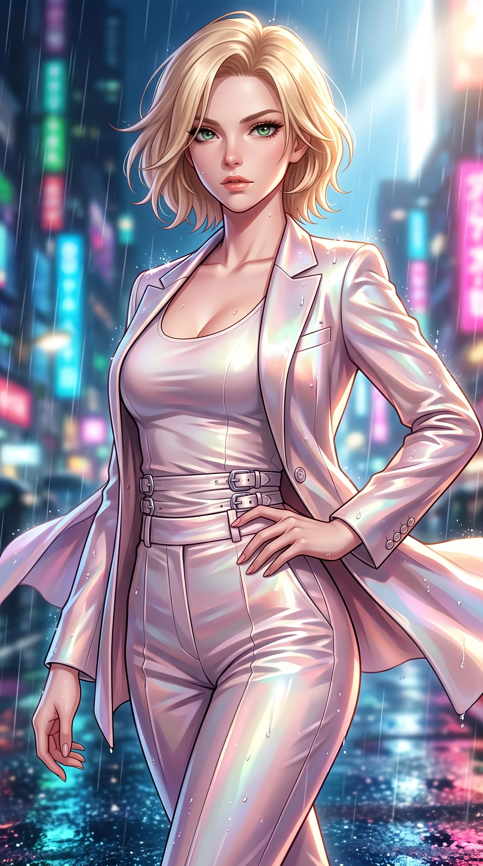 score_9, masterpiece, best quality, ultra-detailed, high-budget anime keyframe, editorial fashion photography, tasteful artistic composition, Caucasian woman. close-up cowboy shot from the waist and thighs up, the character dominates the composition, filling the frame with her large presence, background elements kept in soft focus. Holding a powerful dynamic pose with one hand on her hip and body angled dramatically toward the key light while pivoting in a mid-stride turn as rain droplets glisten on her metallic outfit, fluttering lightweight attire catching the high-altitude rainy wind. She has an exceptionally elegant, slender, and willowy female figure with an ultra-slim waist, a gracefully sculpted slender torso, and a refined silhouette. sharp v-shaped jawline, high-bridge nose, intricate jewel-like eyes with depth, thick eyelashes, glossy lips with a natural sheen, flawlessly proportioned anatomical accuracy, natural body alignment, perfectly sculpted elegant limbs, clean dynamic posture without body distortion. wearing a tailored silk blazer over a form-contouring scoop-neck top and slacks in pearl white and rose gold, crafted from iridescent chiffon that shifts colors in the light, detailed with polished silver buckles along the waistline, the tailored fabric tightly following every curve of her athletic build. surrounded by a vibrant, atmospheric city glow with glistening raindrops. highly saturated vibrant anime colors, detailed shading with soft gradients, rich glossy textures, high-contrast stereoscopic depth, volumetric dynamic lighting, master piece, 9:16 ratio