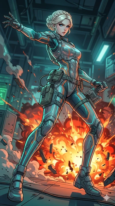 score_9, masterpiece, best quality, ultra-detailed, high-budget anime movie keyframe, cinematic anime lighting, intricate line art, Japanese woman. Low angle cowboy shot capturing a powerful motion and statuesque presence. reeling back from an explos