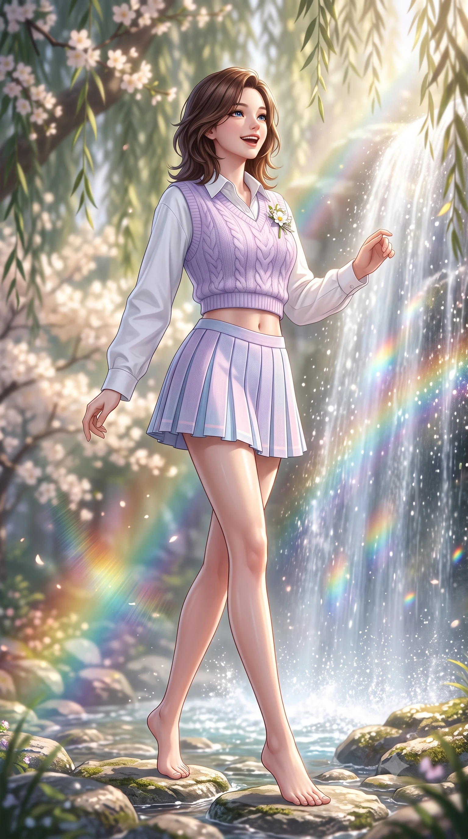 score_9, masterpiece, best quality, ultra-detailed, high-budget anime keyframe, semi-realistic 3D game render, editorial fashion photography, tasteful artistic composition, Korean woman. low angle full-body shot from head to toe showing her feet, filling the entire 9:16 vertical frame with her statuesque presence, stretching her vertical silhouette. stepping forward gracefully in mid-motion with a delighted cute laugh, displaying her tall slender model proportions while looking up at the shimmering waterfall with wonder and joy, water spray catching miniature rainbows in the sunlight. The composition keeps background elements in soft focus with creamy bokeh. ancient weeping willow branches and blooming woodland blossoms softened in dreamy shallow focus. She has an absolutely perfect, statuesque 8.5-heads proportion, an exceptionally tall and slender model-like female figure with impossibly long slender legs, a toned flat midriff, and an ultra-slim waist. sharp v-shaped jawline, high-bridge nose, intricate jewel-like eyes with depth, thick eyelashes, glossy lips with a natural sheen, pure and lovely fresh girlhood expression, flawlessly proportioned anatomical accuracy, strict slender model proportions, natural body alignment, perfectly sculpted long slender limbs, ultra-slim waistline, clean dynamic posture without body distortion. wearing a cozy cable-knit sweater vest layered over an oversized crisp white shirt and a pleated tennis skirt in soft pastel lavender and delicate sky blue, knitted from ultra-soft cozy baby-cashmere yarn, complemented by a delicate wildflower corsage pinned to the lapel, the body-hugging lightweight knit clinging delicately to her slender torso, accentuating her graceful neck and feminine lines. bathed in ethereal sunbeams piercing through waterfall mist, creating radiant rainbow refractions. highly saturated vibrant anime colors, detailed shading with soft gradients, rich glossy textures, high-contrast stereoscopic depth, volumetric dynamic lighting, master piece, 9:16 ratio