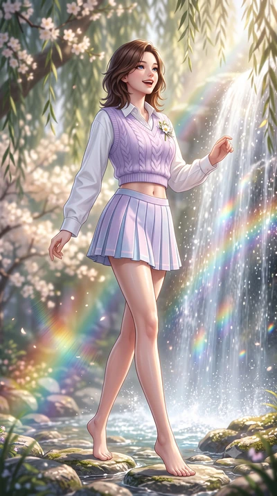 score_9, masterpiece, best quality, ultra-detailed, high-budget anime keyframe, semi-realistic 3D game render, editorial fashion photography, tasteful artistic composition, Korean woman. low angle full-body shot from head to toe showing her feet, fil