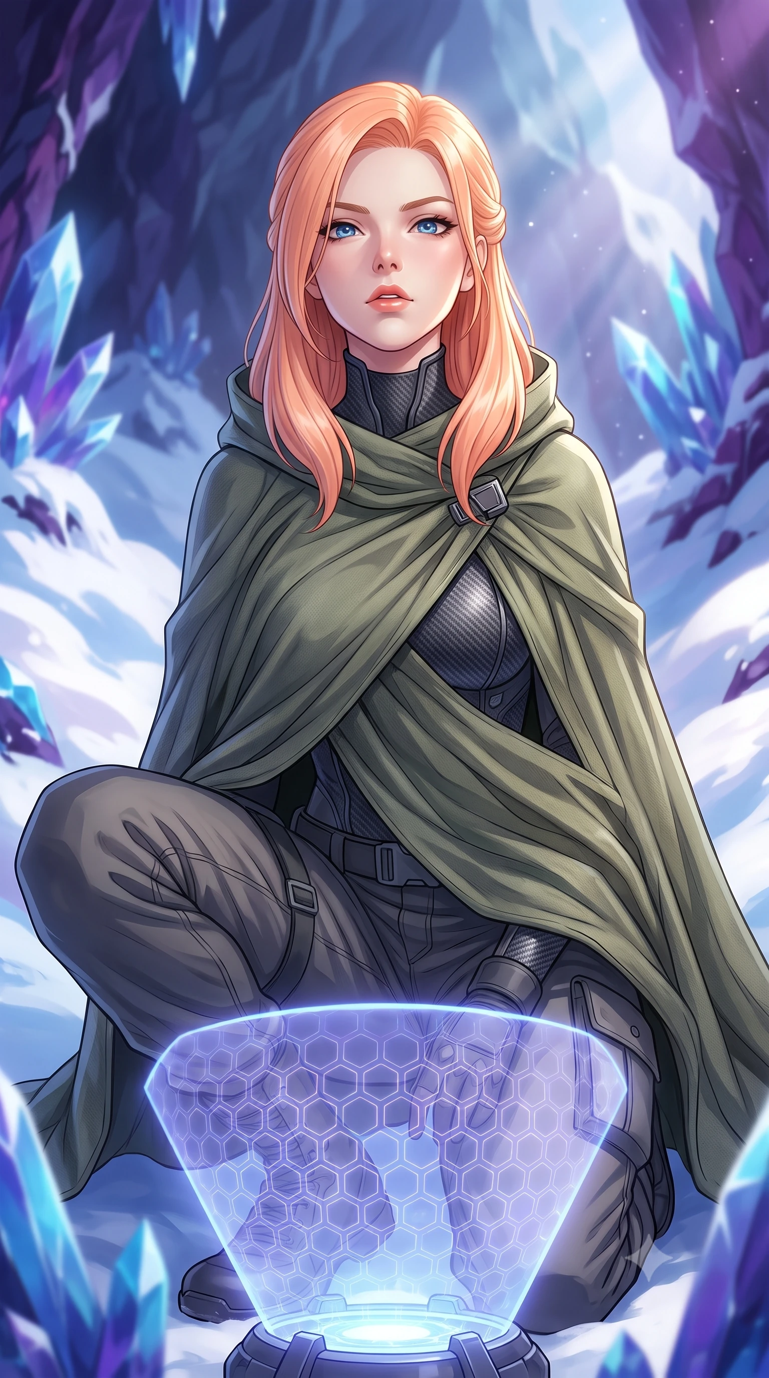 score_9, masterpiece, best quality, ultra-detailed, high-budget anime keyframe, editorial fashion photography, tasteful artistic composition, Japanese woman. close-up cowboy shot from the waist and thighs up, the character dominates the composition, filling the frame with her large presence, background elements kept in soft focus. crouching slightly behind a glowing holographic shield emitter, looking up with defiance and lips slightly parted, the background shows a soft-focus a mountain peak cavern with snow drifts and blue quartz formations. She has an exceptionally elegant, slender, and willowy female figure with an ultra-slim waist, a gracefully sculpted slender torso, and a refined silhouette. sharp v-shaped jawline, high-bridge nose, intricate jewel-like eyes with depth, thick eyelashes, glossy lips with a natural sheen. wearing a body-hugging tactical combat cloak in muted green cotton, draped over a high-collar carbon-weave under-armor suit and cargo pants. bright morning starlight highlighting white snow and purple rock in vivid tones. highly saturated vibrant anime colors, detailed shading with soft gradients, rich glossy textures, high-contrast stereoscopic depth, volumetric dynamic lighting, master piece, 9:16 ratio