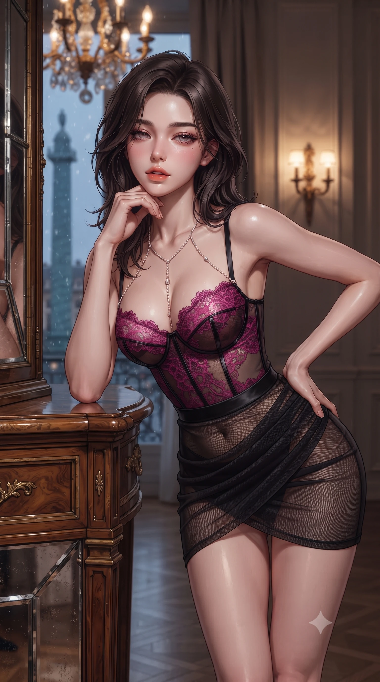 score_9, masterpiece, best quality, ultra-detailed, high-budget anime keyframe, editorial fashion photography, tasteful artistic composition, Korean woman. close-up cowboy shot from the waist and thighs up, the character dominates the composition, filling the frame with her large presence. resting one elbow on the table and supporting her chin, leaning close to the camera with heavy-lidded sparkling eyes and parted lips while leaning against the antique mirrored armoire with hips cocked back, casting an alluring smoldering gaze through falling twilight. The background shows a soft-focus views of Place Vendôme column softened in ultimate Parisian palace hotel shallow focus. She has an exceptionally elegant, slender, and willowy female figure with an ultra-slim waist, flat toned midriff, narrow ribcage, and sculpted feminine hips creating an alluring, slim hourglass silhouette without bulk. sharp v-shaped jawline, high-bridge nose, intricate jewel-like sparkling eyes with depth, thick eyelashes, glossy parted lips with a natural peach sheen, bright cheerful beaming smile with an enchanting and coquettish sensual glint, exuding both youthful cute charm and seductive allure, flawlessly proportioned anatomical accuracy, strict slender model proportions, natural body alignment, perfectly sculpted long slender limbs, ultra-slim waistline, clean dynamic posture without body distortion. wearing a sculpted underwire demi-bustier in semi-sheer lace paired with an ultra-short draped tulip skirt in Gangnam electric magenta noir and glossy onyx, woven from fine semi-opaque stretch illusion mesh tracing her slender contours, accented with a pearl-drop body harness subtly framing her dewy collarbones and spine, the glove-like clinging cut tightly following the natural contour of her hips and long slender legs with youthful 8.5-heads elegance. bathed in dim 2700K incandescent chandelier spill and soft gilded wall sconce glows. ultra-reflective glossy finish, specular highlights, rich textural contrasts, high-contrast stereoscopic depth, volumetric dynamic lighting, 2k, ultra detail, master piece, 9:16 ratio