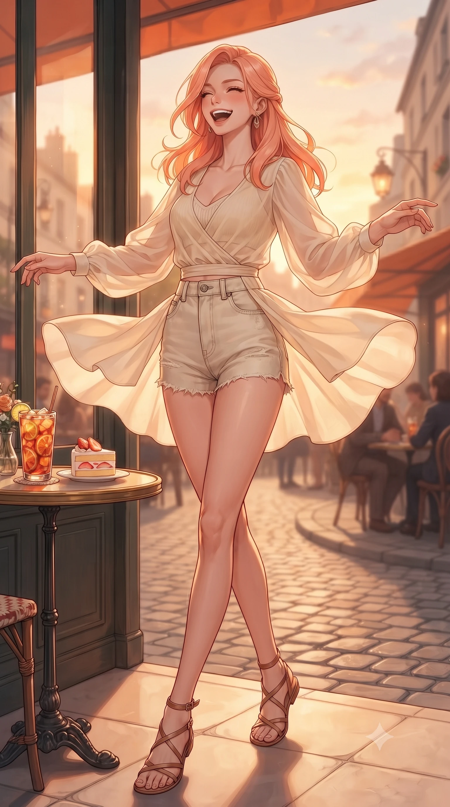 score_9, masterpiece, best quality, ultra-detailed, high-budget anime keyframe, editorial fashion photography, tasteful artistic composition, Japanese woman. low angle full-body shot from head to toe showing her feet, filling the entire 9:16 vertical frame with her statuesque presence, stretching her vertical silhouette. twirling around with a playful, cute laugh, her skirt billowing beautifully in the air set against a soft-focus background of at a vintage Parisian-style cafe corner next to a quiet cobblestone street with a glass of iced fruit tea and a slice of strawberry shortcake nearby. She has an absolutely perfect, statuesque 8.5-heads proportion, an exceptionally tall and slender model-like female figure with impossibly long slender legs and an ultra-slim waist. sharp v-shaped jawline, high-bridge nose, intricate jewel-like eyes with depth, thick eyelashes, glossy lips with a natural sheen. wearing tailored sheer chiffon wrap top in cream, worn over a slim-fit knit bralette and low-cut shorts. golden hour sunset rays painting the cozy interior in a warm orange wash. ultra-reflective glossy finish, specular highlights, metallic sheen, high-contrast stereoscopic depth, volumetric dynamic lighting, 2k, ultra detail, master piece, 9:16 ratio