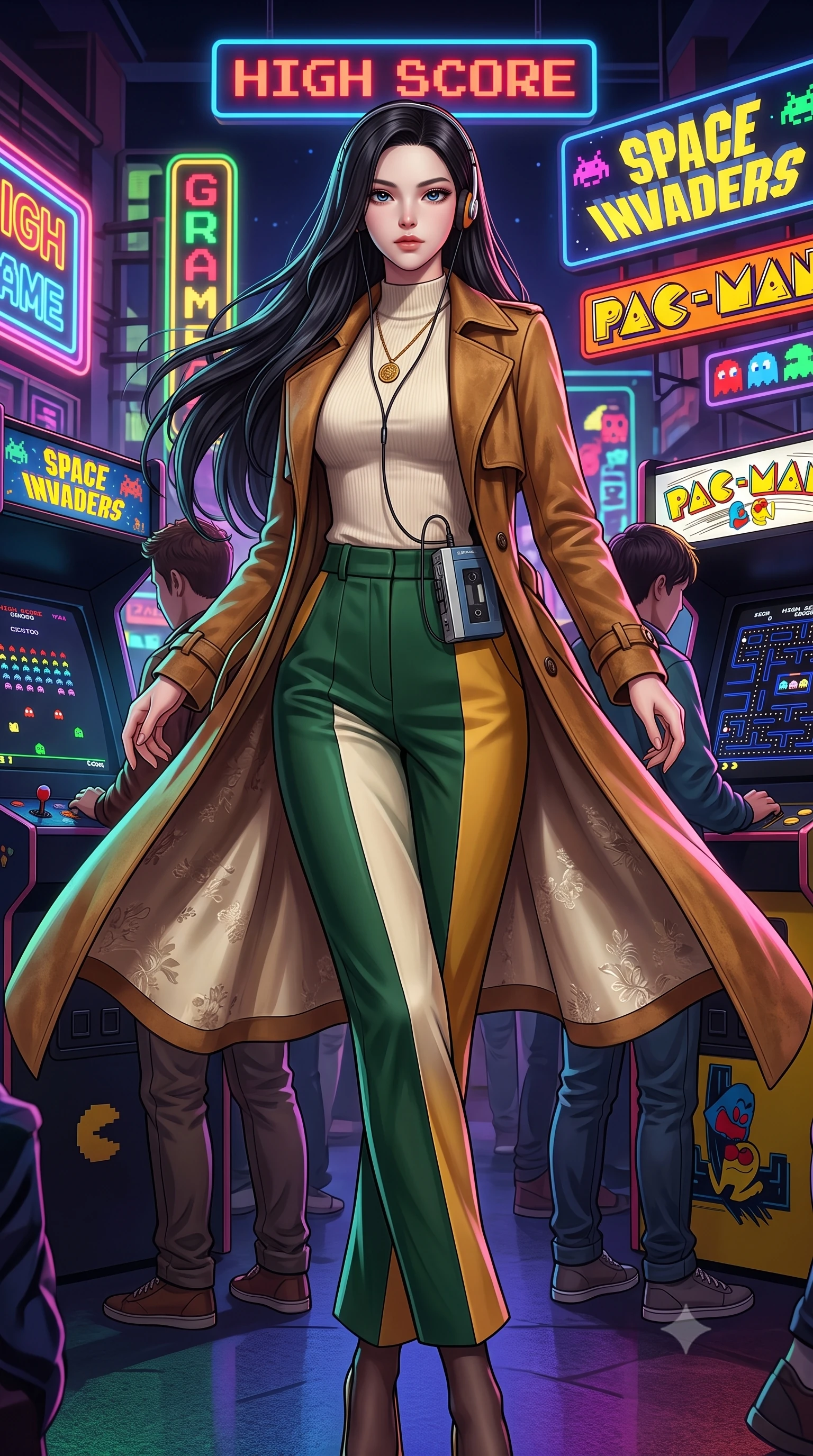 score_9, masterpiece, best quality, ultra-detailed, high-budget anime keyframe, semi-realistic 3D game render, editorial fashion photography, tasteful artistic composition, Korean woman. low angle full-body shot from head to toe showing her feet, filling the entire 9:16 vertical frame with her statuesque presence, stretching her vertical silhouette. executing an elegant mid-motion spin with effortless grace, her garments fluttering softly around her ultra-slim waistline while standing in a buzzing 1980s neon arcade game center, wearing retro on-ear foam headphones plugged into a vintage cassette Walkman. The surrounding environment is rendered in vivid detail and crisp panoramic clarity. vivid high-energy retro gaming chiaroscuro and authentic 80s arcade culture aesthetics rendered with precision. She has an absolutely perfect, statuesque 8.5-heads proportion, an exceptionally tall and slender model-like female figure with impossibly long slender legs, a toned flat midriff, and an ultra-slim waist. sharp v-shaped jawline, high-bridge nose, intricate jewel-like eyes with depth, thick eyelashes, glossy lips with a natural sheen, captivating and magnetic expression, flawlessly proportioned anatomical accuracy, strict slender model proportions, natural body alignment, perfectly sculpted long slender limbs, ultra-slim waistline, clean dynamic posture without body distortion. wearing a stylish retro suede trench coat over a fitted mock-neck knit top and high-waist tailored slacks in forest green, cream, and mustard yellow, crafted from liquid-smooth silk satin with subtle floral jacquard, accented with a vintage gold coin pendant necklace and dark sheer tights, the liquid-tight tailored fabric emphasizing every curve of her tall, slender model proportions and sculptured silhouette during dynamic movement. bathed in multicolored arcade screen glows and vibrant neon alleyway downlights. highly saturated vibrant anime colors, detailed shading with soft gradients, rich glossy textures, high-contrast stereoscopic depth, volumetric dynamic lighting, master piece, 9:16 ratio