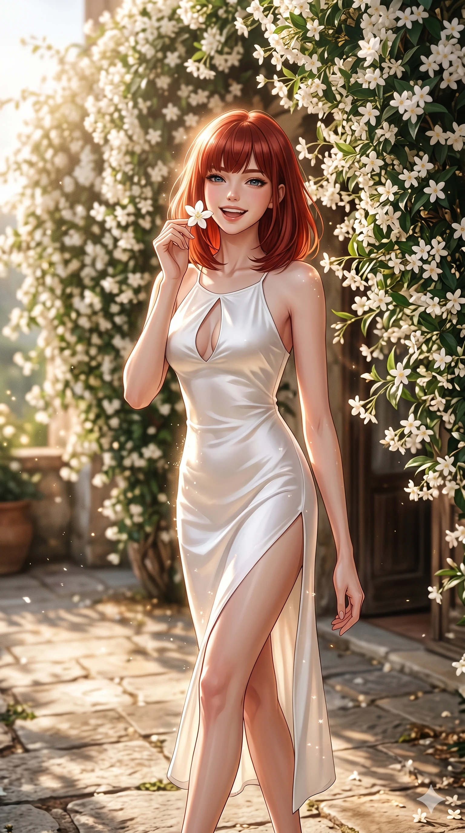 score_9, masterpiece, best quality, ultra-detailed, high-budget anime keyframe, editorial fashion photography, tasteful artistic composition, Caucasian woman, strictly human ears. cowboy shot from the thighs up, character and outfit filling the frame for maximum editorial presence. holding a single jasmine flower near her cheek, smiling brightly with eyes full of joy standing under a cascading wall of jasmine flowers in a sun-drenched patio. She has an absolutely perfect 8-heads proportion, an exceptionally tall and slender female figure with impossibly long slender legs and an ultra-slim waist. V-shaped jawline, high-bridge nose, intricate jewel-like eyes with depth, thick eyelashes, glossy lips with a natural sheen. wearing a pure white silk slip dress with an elegant keyhole cutout and a high side slit. drenched in warm, sparkling sunbeams that create a soft halo effect around her hair. 2k, ultra detail, master piece, 9:16 ratio