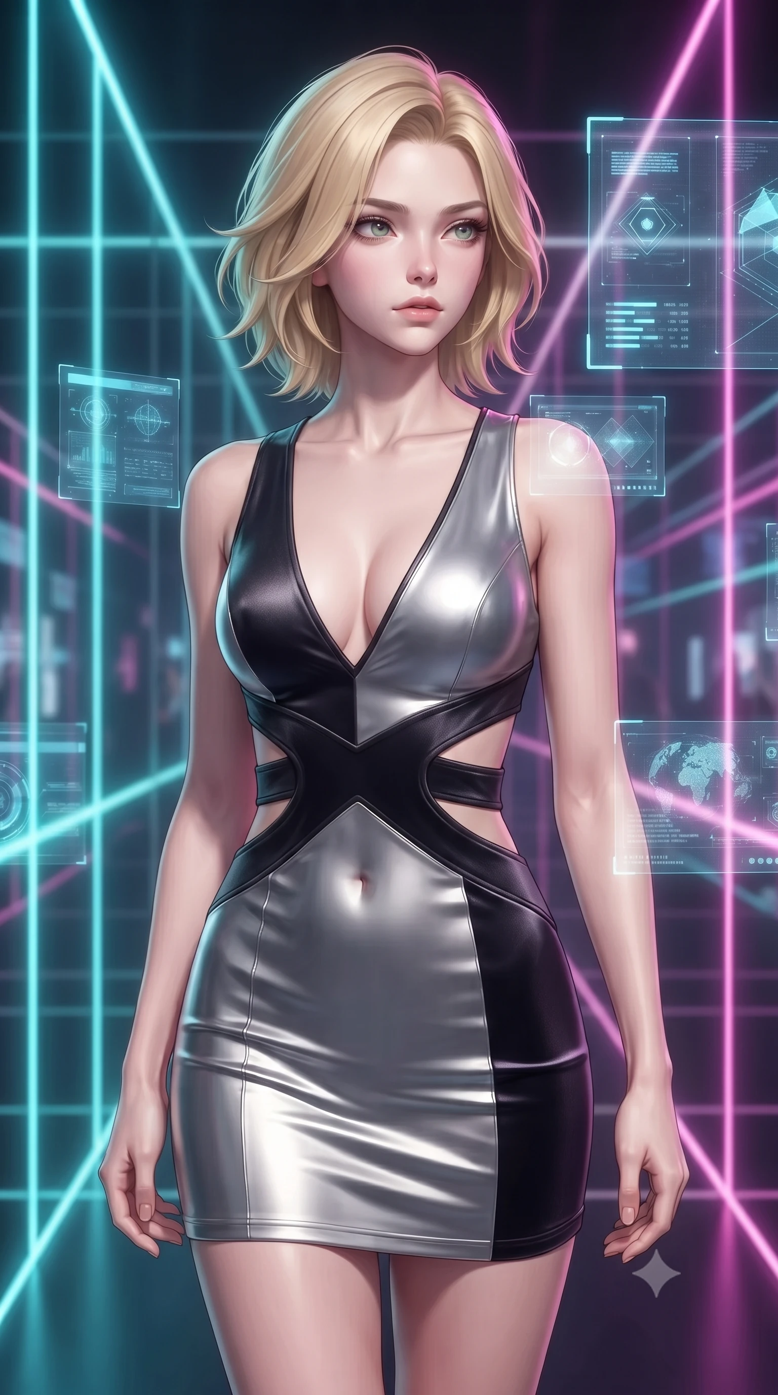 score_9, masterpiece, best quality, ultra-detailed, high-budget anime keyframe, editorial fashion photography, tasteful artistic composition, Caucasian woman. close-up cowboy shot from the waist and thighs up, the character dominates the composition, filling the frame with her large presence, background elements kept in soft focus. Gazing past the camera with an air of effortless elegance and mysterious confidence navigating a corridor of shifting laser light grids and mirror walls, translucent cyan and magenta holographic panels hovering seamlessly. She has an exceptionally elegant, slender, and willowy female figure with an ultra-slim waist, a gracefully sculpted slender torso, and a refined silhouette. sharp v-shaped jawline, high-bridge nose, intricate jewel-like eyes with depth, thick eyelashes, glossy lips with a natural sheen. wearing a liquid mercury gloss mini dress with ultra-deep V-neck and waist cutouts in matte black and polished silver, made of premium stretch velvet with a rich sheen, featuring subtle geometric cutouts that highlight her ultra-slim midriff, the elegant draped fit framing her graceful clavicle and slender torso. lit by bright volumetric laser beams and soft specular highlights. highly saturated vibrant anime colors, detailed shading with soft gradients, rich glossy textures, high-contrast stereoscopic depth, volumetric dynamic lighting, master piece, 9:16 ratio