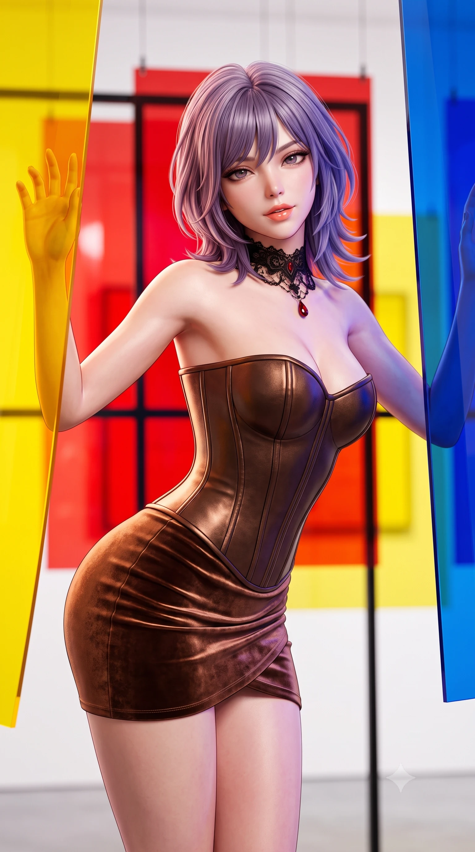 score_9, masterpiece, best quality, ultra-detailed, high-budget anime keyframe, semi-realistic 3D game render, editorial fashion photography, tasteful artistic composition, Japanese woman. close-up cowboy shot from the waist and thighs up, the character dominates the composition, filling the frame with her large presence. leaning forward while arching her lower back to accentuate her curvy hips, looking into the camera with an intoxicating smoldering gaze and bedroom-eyes while standing poised between suspended sheets of primary yellow, red, and blue acrylic, arching her back with vibrant pop-art allure. The background shows a soft-focus glowing primary red, yellow, and blue acrylic screens, black grid lines, and white gallery walls blurred into vermilion, canary, and cobalt bokeh. She has an exceptionally elegant, slender, and willowy female figure with an ultra-slim waist, flat toned midriff, narrow ribcage, and sculpted feminine hips creating an alluring, slim hourglass silhouette without bulk. sharp v-shaped jawline, high-bridge nose, sparkling eyes with hypnotic seductive depth, thick curled eyelashes, glossy parted lips with a natural dewy peach sheen, alluring bedroom-eyes with an enchanting coquettish smile, exuding magnetic siren charisma and sophisticated glamour, flawlessly proportioned anatomical accuracy, strict slender model proportions, natural body alignment, perfectly sculpted long slender limbs, ultra-slim waistline, clean dynamic posture without body distortion. wearing a structured Victorian boned leatherette corset bodice paired with an ultra-short micro-wrap velvet mini skirt in sultry espresso bronze and metallic copper with velvet sheen, tailored from ultra-plush velvet with rich tactile depth and deep shadow gradients, accented with an ornate black lace Victorian choker featuring a single blood-red teardrop garnet, the liquid-tight tailored fabric clinging flawlessly to her narrow waist and rounded feminine hips, emphasizing every millimeter of her sculpted slim hourglass curves without any bulky heaviness. bathed in shifting primary-color light beams transmitted through suspended translucent acrylic panels. highly saturated vibrant anime colors, detailed shading with soft gradients, rich glossy textures, high-contrast stereoscopic depth, volumetric dynamic lighting, master piece, 9:16 ratio
