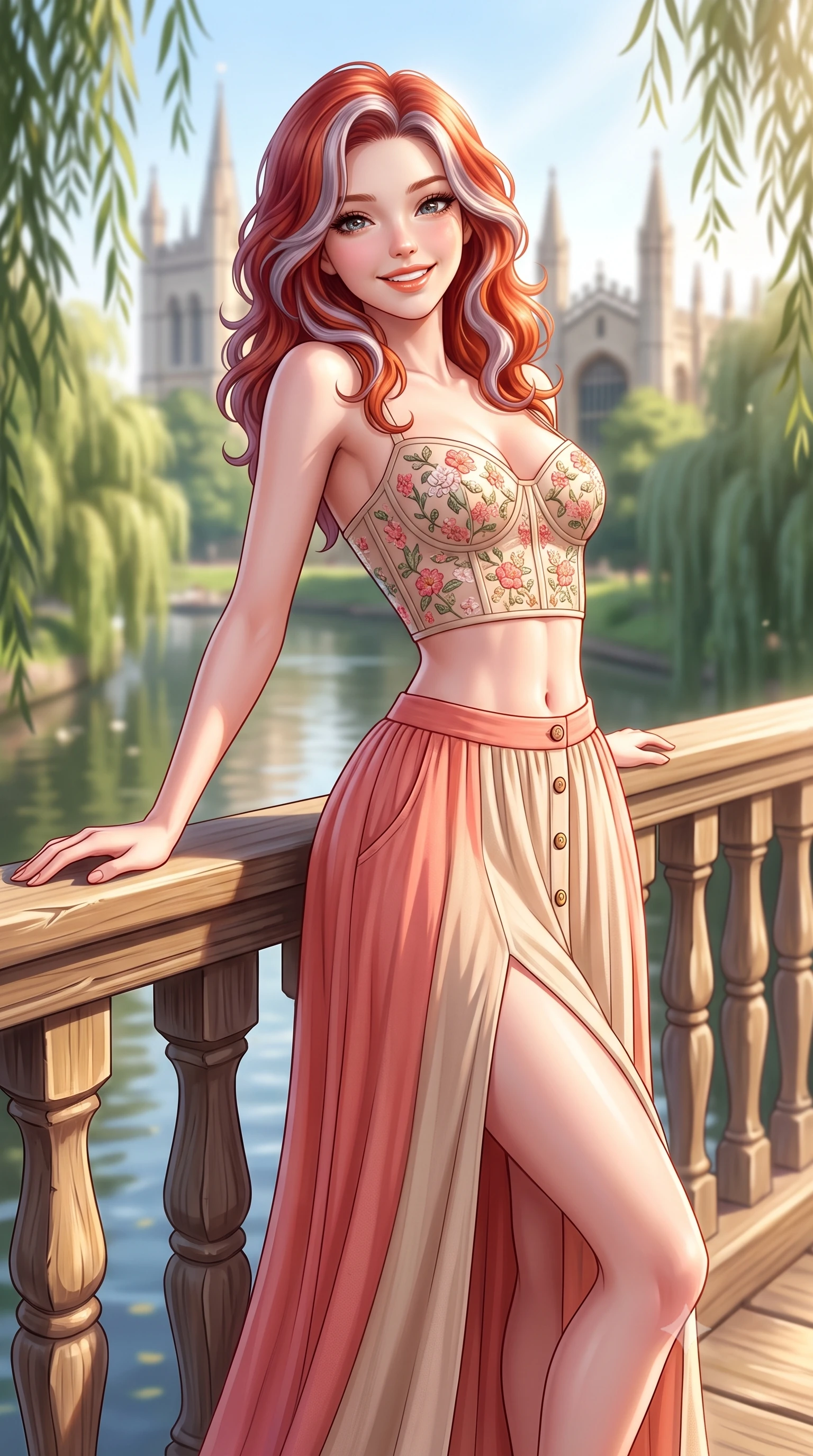 score_9, masterpiece, best quality, ultra-detailed, high-budget anime keyframe, semi-realistic 3D game render, editorial fashion photography, tasteful artistic composition, Caucasian woman. close-up cowboy shot from the waist and thighs up, the character dominates the composition, filling the frame with her large presence. leaning back against the sunlit railing with relaxed seductive grace, her flat midriff and narrow waist highlighted as she smiles brightly with bewitching eyes while leaning against the carved timber railing of the historic Mathematical Bridge, arching her back with a bright, charming smile over the River Cam. The composition keeps background elements in soft focus with dreamy creamy bokeh. weeping willows trailing in reflective river waters and gothic college spires blurred into soft emerald, champagne, and slate bokeh. She has an exceptionally elegant, slender, and willowy female figure with an ultra-slim waist, flat toned midriff, narrow ribcage, and sculpted feminine hips creating an alluring, slim hourglass silhouette without bulk. sharp v-shaped jawline, high-bridge nose, intricate jewel-like sparkling eyes with depth, thick eyelashes, glossy parted lips with a natural peach sheen, bright cheerful beaming smile with an enchanting and coquettish sensual glint, exuding both youthful cute charm and seductive allure, flawlessly proportioned anatomical accuracy, strict slender model proportions, natural body alignment, perfectly sculpted long slender limbs, ultra-slim waistline, clean dynamic posture without body distortion. wearing a delicate floral embroidery bustier top paired with a flowy high-slit chiffon maxi skirt with a side hip opening in warm coral pink and soft oatmeal beige, crafted from soft cozy cashmere yarn with an airy drape, finished with neat front wooden buttons and delicate pocket details, the form-fitting cut adhering flawlessly to her sculpted flat midriff and slender torso, emphasizing her long leg lines and perfectly proportioned willowy build. bathed in gentle, luminous English afternoon sunlight filtering through willow branches. highly saturated vibrant anime colors, detailed shading with soft gradients, rich glossy textures, high-contrast stereoscopic depth, volumetric dynamic lighting, master piece, 9:16 ratio