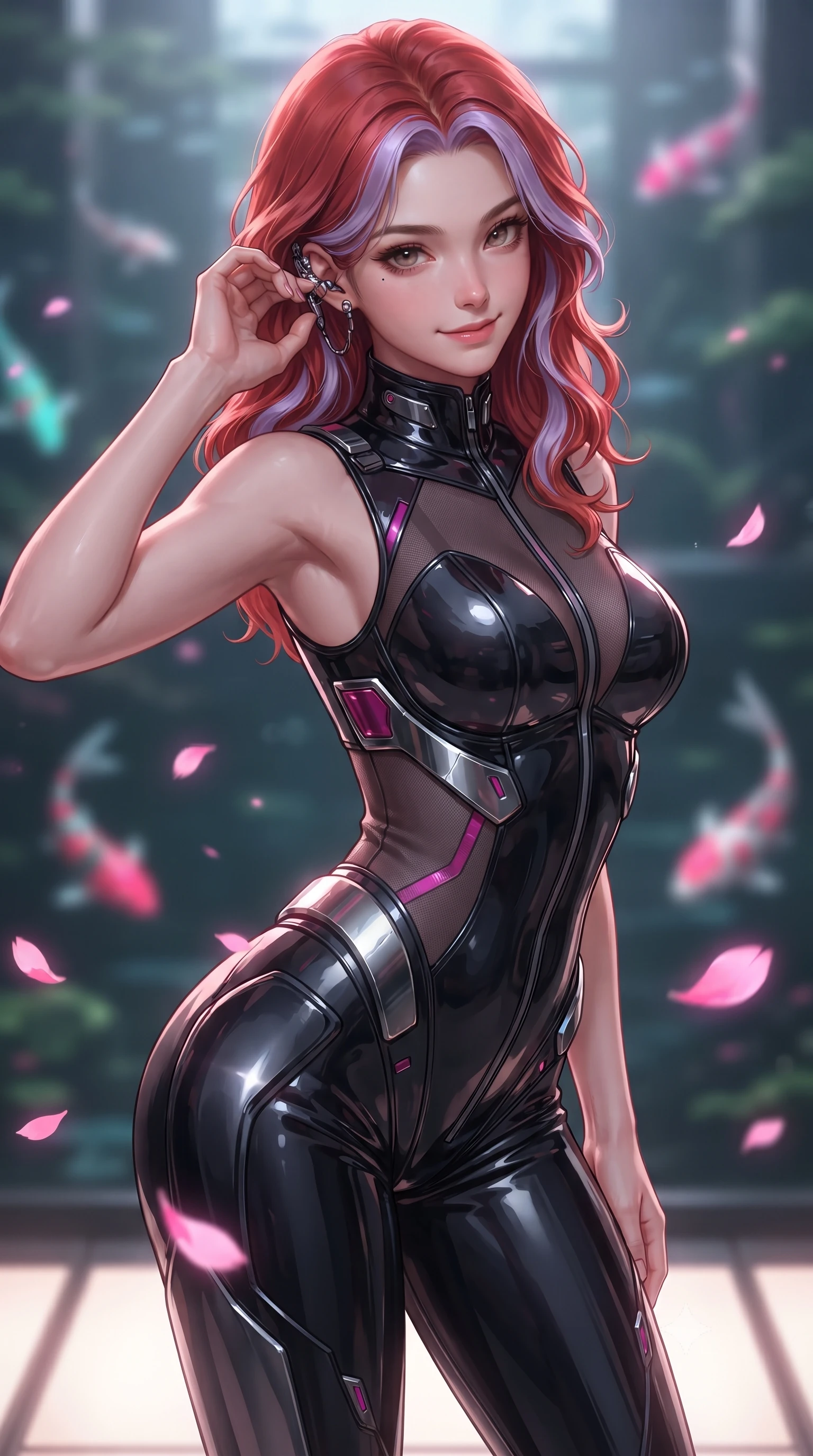score_9, masterpiece, best quality, ultra-detailed, high-budget anime keyframe, editorial fashion photography, tasteful artistic composition, Caucasian woman. close-up cowboy shot from the waist and thighs up, the character dominates the composition, filling the frame with her large presence. tilting her head with a captivating smile while arching her spine with dancer poise, one hand adjusting her ear comm-link in a flirtatious S-curve while twisting her slender torso in an alluring S-curve as floating neon pink sakura petals drift past her tight suit and curvy hips. The background shows a soft-focus a quiet digital koi pond with swimming neon fish softened in poetic futuristic Japanese shallow focus. She has an exceptionally elegant, slender, and willowy female figure with an ultra-slim waist, flat toned midriff, narrow ribcage, and sculpted feminine hips creating an alluring, slim hourglass silhouette without bulk. sharp v-shaped jawline, high-bridge nose, intricate jewel-like sparkling eyes with depth, thick eyelashes, glossy parted lips with a natural sheen, bright confident smile with an enchanting and coquettish sensual glint, exuding both youthful magnetic charm and sovereign high-tech allure, flawlessly proportioned anatomical accuracy, strict slender model proportions, natural body alignment, perfectly sculpted long slender limbs, ultra-slim waistline, clean dynamic posture without body distortion. wearing a sleeveless high-collar cyber pilot suit in liquid-look obsidian jersey with strategic sheer ventilation panels in deep titanium gunmetal and radiant magenta neon, tailored from ultra-reflective glossy liquid vinyl with mirror-like specular highlights, accented with strategically placed chrome armor plate guards covering key curves, the form-contouring cut accentuating her sculpted flat midriff, narrow delicate ribcage, and gracefully curvy hips with cybernetic supermodel precision. illuminated by floor light panels and sharp rose-gold rim lighting sculpting her razor-sharp jawline, narrow waist, and curvy hips. ultra-reflective glossy finish, specular highlights, rich textural contrasts, high-contrast stereoscopic depth, volumetric dynamic lighting, 2k, ultra detail, master piece, 9:16 ratio