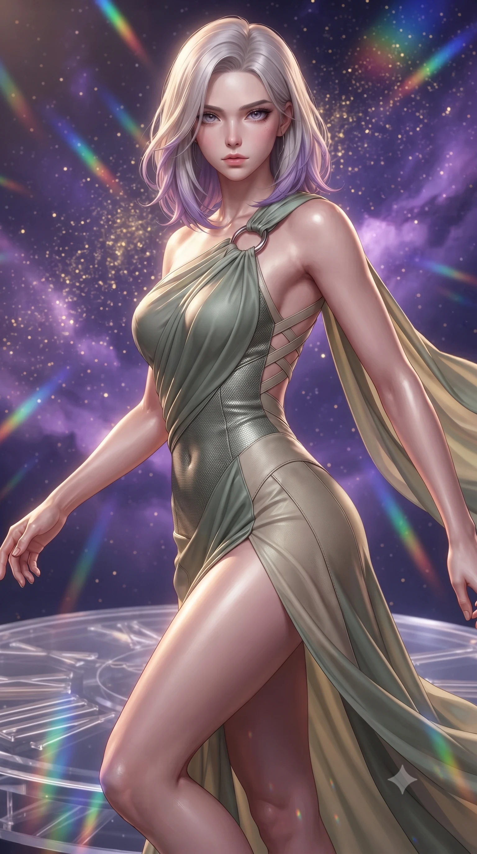 score_9, masterpiece, best quality, ultra-detailed, high-budget anime keyframe, editorial fashion photography, tasteful artistic composition, Caucasian woman. close-up cowboy shot from the waist and thighs up, the character dominates the composition, filling the frame with her large presence, background elements kept in soft focus. Gazing past the lens with composed intensity as her torso curves dynamically in mid-motion while balancing on a translucent clock springs bridge under a swirling violet nebula sky, starlight particles falling like a golden shower around her dynamic silhouette. She has an exceptionally elegant, slender, and willowy female figure with an ultra-slim waist, a gracefully sculpted slender torso, and a refined silhouette. sharp v-shaped jawline, high-bridge nose, intricate jewel-like eyes with depth, thick eyelashes, glossy lips with a natural sheen, flawlessly proportioned anatomical accuracy, natural body alignment, perfectly sculpted elegant limbs, clean dynamic posture without body distortion. wearing an asymmetrical Grecian draped chiffon gown with a metallic shoulder ring in sage green and oatmeal, made of fine carbon-fiber weave and soft matte leather, complemented by criss-cross back straps highlighting her bare shoulders, the form-contouring material highlighting her ultra-slim waist and long lines. illuminated by cascading rainbow prismatic rays and rich metallic rim highlights. ultra-reflective glossy finish, specular highlights, metallic sheen, high-contrast stereoscopic depth, volumetric dynamic lighting, 2k, ultra detail, master piece, 9:16 ratio