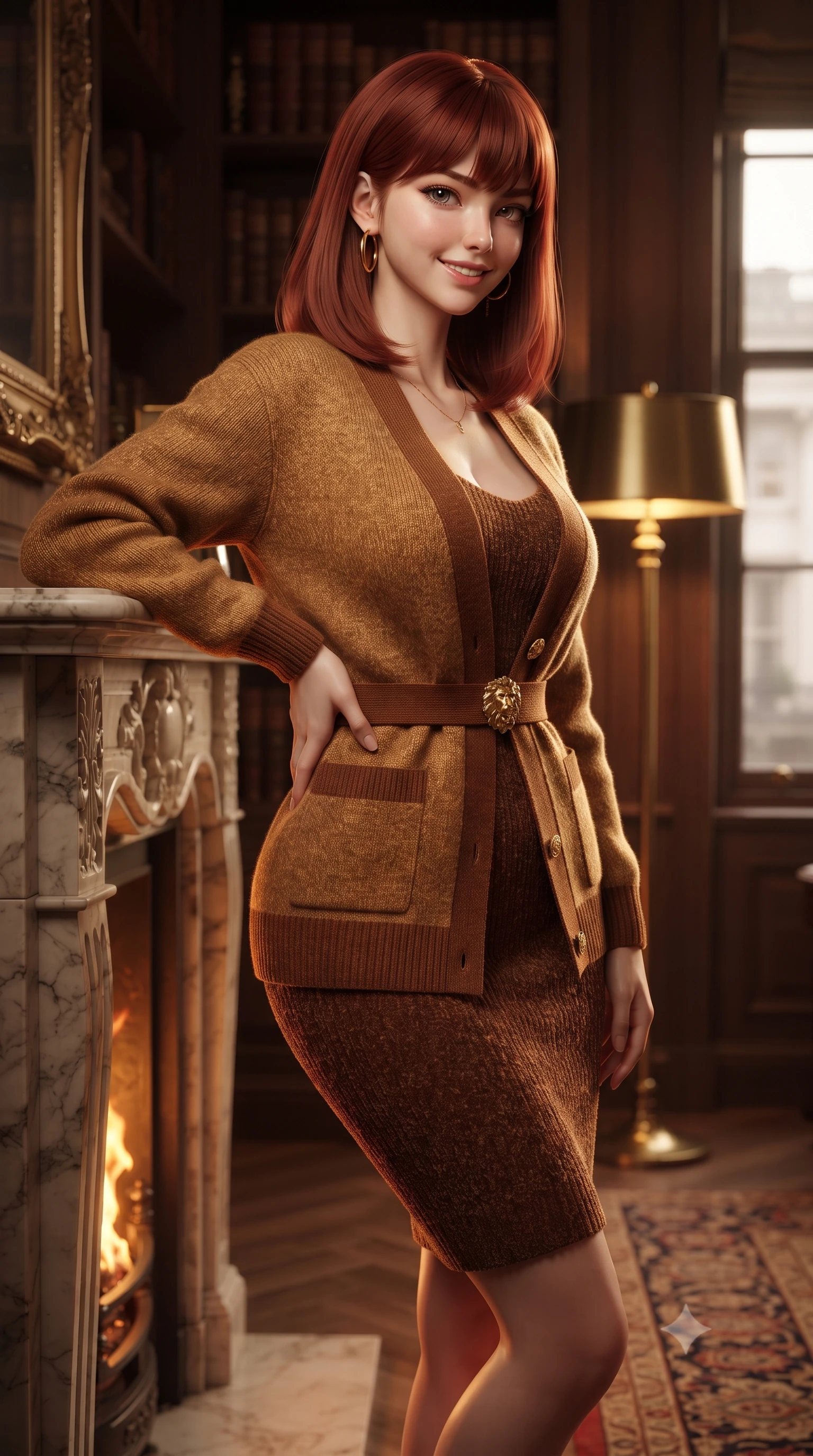 score_9, masterpiece, best quality, ultra-detailed, high-budget anime keyframe, editorial fashion photography, tasteful artistic composition, Caucasian woman. close-up cowboy shot from the waist and thighs up, the character dominates the composition, filling the frame with her large presence. leaning gracefully against the carved mantelpiece with one hand on her hip, showcasing her slender waist and feminine posture while walking across the antique Persian carpet toward the tall sash windows, turning with an alluring, warm tilt of her head. The background shows a soft-focus shelves of leather-bound club registers softened in exclusive Mayfair sanctuary shallow focus. She has an exceptionally elegant, slender, and willowy female figure with an ultra-slim waist, flat toned midriff, narrow ribcage, and sculpted feminine hips creating an alluring, slim hourglass silhouette without bulk. sharp v-shaped jawline, high-bridge nose, intricate jewel-like sparkling eyes with depth, thick eyelashes, glossy parted lips with a natural peach sheen, bright cheerful beaming smile with an enchanting and coquettish sensual glint, exuding both youthful cute charm and seductive allure, flawlessly proportioned anatomical accuracy, strict slender model proportions, natural body alignment, perfectly sculpted long slender limbs, ultra-slim waistline, clean dynamic posture without body distortion. wearing a form-fitting plush chenille knit bodycon dress hugging her torso and hips, layered with a belted open wool cardigan in warm chestnut brown and burnished gold, made of high-gauge compact silk knit that hugs her curves with seamless sculpted precision, accented with an ornate 24k gold lion-embossed crest button along the snug front closure, the liquid-tight tailored fabric clinging flawlessly to her narrow waist and rounded feminine hips, emphasizing every millimeter of her sculpted slim hourglass curves without any bulky heaviness. bathed in the rich, dancing warm 2400K hearth glow from the roaring fireplace mixed with soft brass floor lamp pools. ultra-reflective glossy finish, specular highlights, rich textural contrasts, high-contrast stereoscopic depth, volumetric dynamic lighting, 2k, ultra detail, master piece, 9:16 ratio