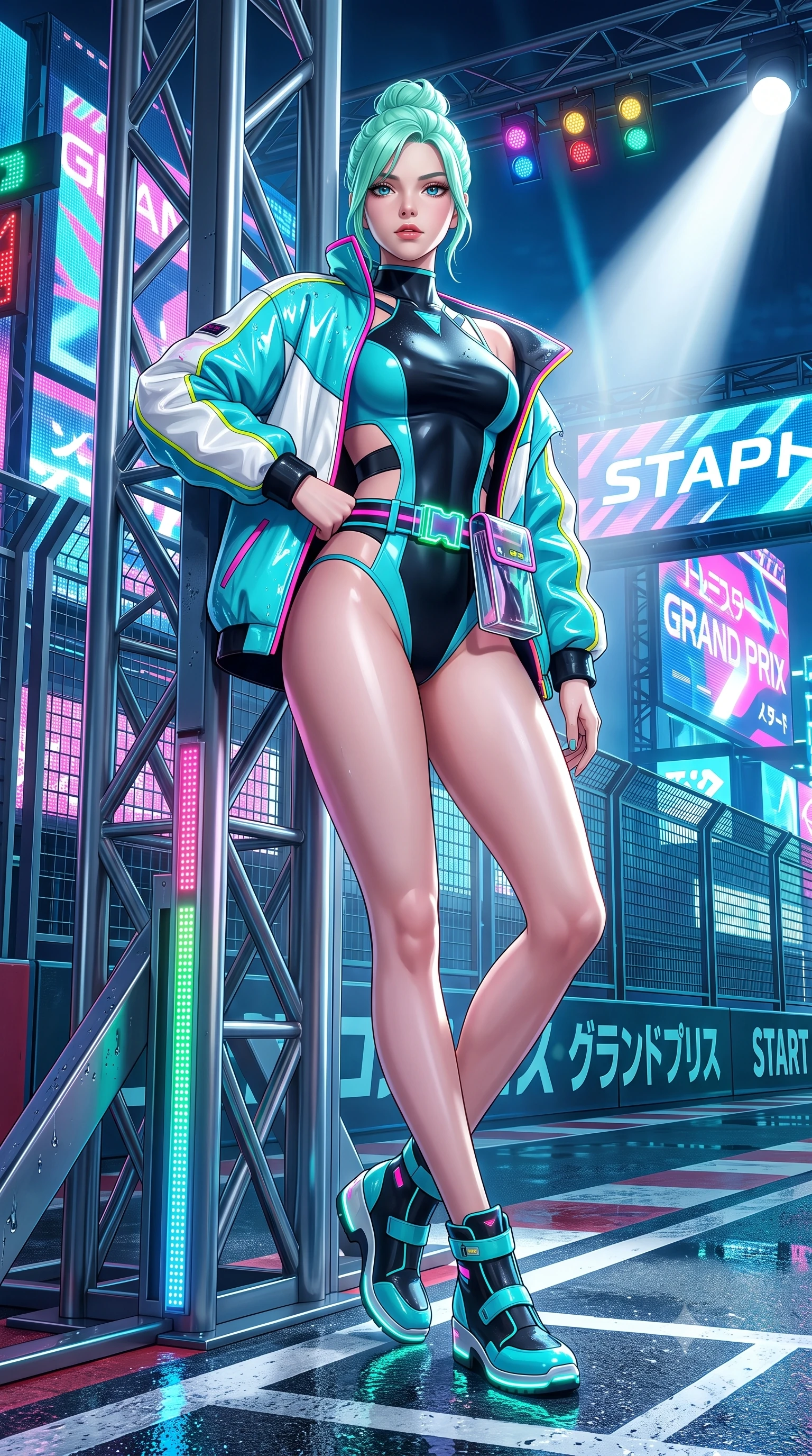 score_9, masterpiece, best quality, ultra-detailed, high-budget anime keyframe, semi-realistic 3D game render, editorial fashion photography, tasteful artistic composition, Japanese woman. low angle full-body shot from head to toe showing her feet, filling the entire 9:16 vertical frame with her statuesque presence, stretching her vertical silhouette. leaning deep against the structural architecture with hips cocked in an unapologetically bold, seductive high-fashion stance while posing boldly at the center of the illuminated starting grid as giant holographic jumbotrons flash behind her. The surrounding environment is rendered in vivid detail and crisp panoramic clarity. crisp starting grid painted lines, rain droplet beads on leather jacket, and circuit fencing in deep focus. She has an absolutely perfect, statuesque 8.5-heads proportion, an exceptionally tall and slender model-like female figure with impossibly long slender legs, a toned flat midriff, and an ultra-slim waist. sharp v-shaped jawline, high-bridge nose, intricate jewel-like eyes with depth, thick eyelashes, glossy parted lips with a natural sheen, intensely captivating and seductive expression, flawlessly proportioned anatomical accuracy, strict slender model proportions, natural body alignment, perfectly sculpted long slender limbs, ultra-slim waistline, clean dynamic posture without body distortion. wearing a cutout cyber-racing leotard layered with an oversized neon-accented paddock bomber jacket in racing aqua blue and stark white, tailored from high-gloss patent vinyl with sharp specular chiaroscuro, complemented by a neon LED belt buckle and translucent vinyl tool pouch, the sleek tactical cut tightly hugging her graceful clavicle, narrow waist, and athletic curves with statuesque precision. bathed in dynamic color-shifting LED race lights and sweeping white spotlight fill. highly saturated vibrant anime colors, detailed shading with soft gradients, rich glossy textures, high-contrast stereoscopic depth, volumetric dynamic lighting, master piece, 9:16 ratio