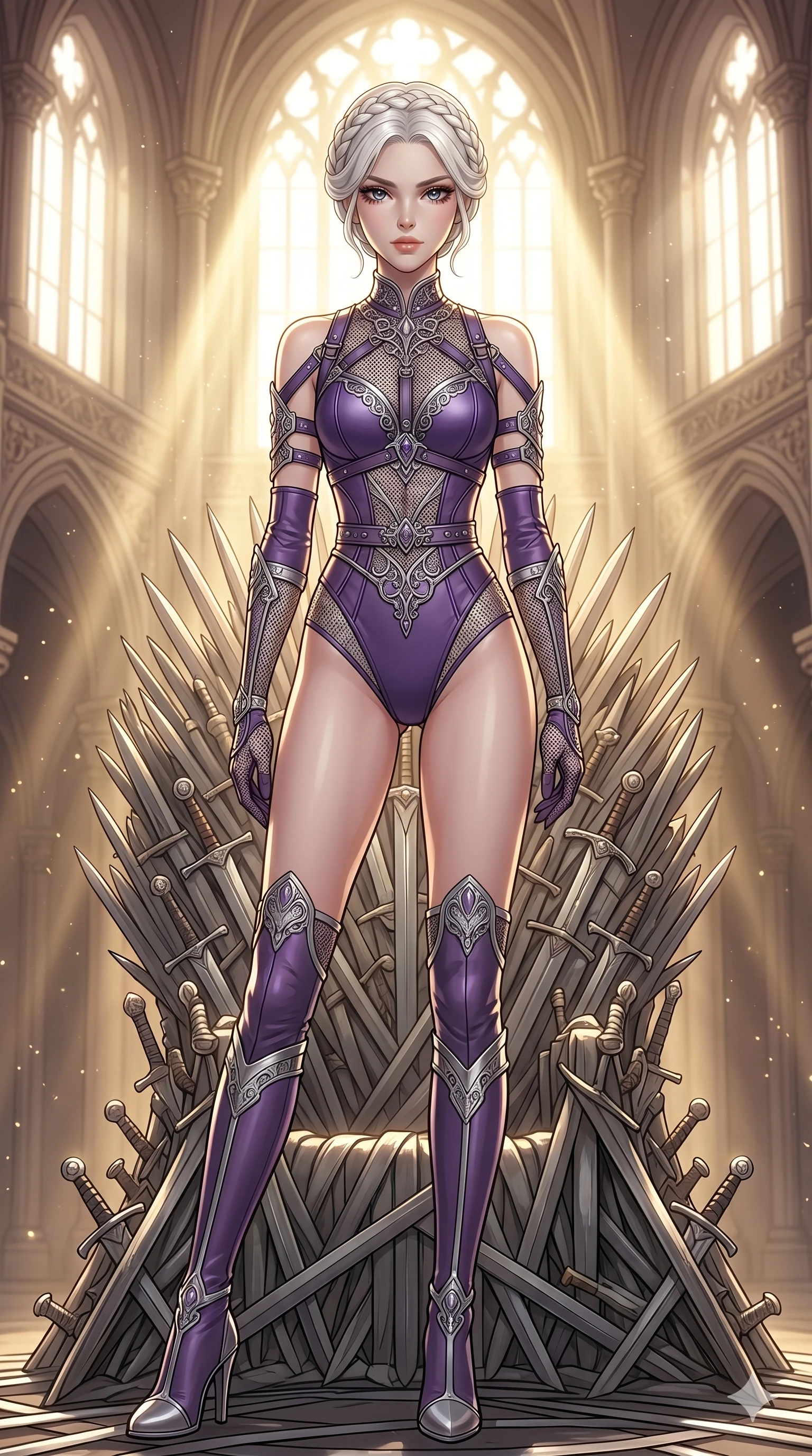 score_9, masterpiece, best quality, ultra-detailed, High-budget Anime Keyframe, beautiful Caucasian anime girl (strictly human ears). Upper body close-up from the thighs up, character filling the screen for maximum presence. Standing on a throne of swords in a grand hall with golden light rays. She has an absolutely perfect 8-heads proportion, an exceptionally tall and slender female figure with impossibly long slender legs and an ultra-slim waist. Sharp v-shaped jawline, high-bridge nose, intricate jewel-like eyes with depth, thick eyelashes, glossy lips with a natural sheen. Wearing a K-Idol Stage outfit: violet high-cut bodysuit with a leather harness and silver mesh details. Background is a bright and colorful palace interior with golden light rays and floating dust particles. 2k, ultra detail, master piece, 9:16 ratio