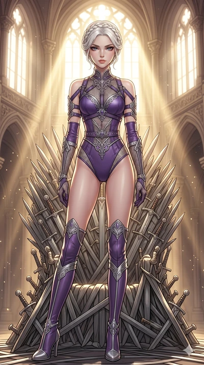 score_9, masterpiece, best quality, ultra-detailed, High-budget Anime Keyframe, beautiful Caucasian anime girl (strictly human ears). Upper body close-up from the thighs up, character filling the screen for maximum presence. Standing on a throne of s
