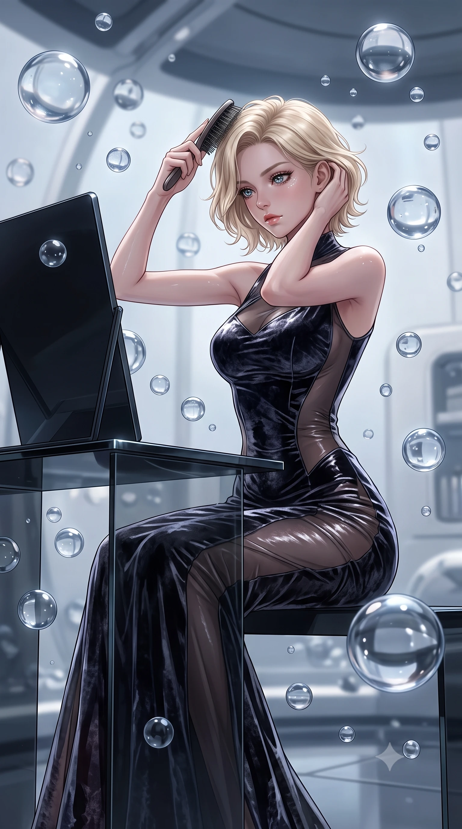 score_9, masterpiece, best quality, ultra-detailed, High-budget Anime Keyframe, Caucasian woman, strictly human ears. Low angle cowboy shot filling the entire 9:16 frame with her statuesque presence. Scenario 259: brushing her hair while seated before a vanity of black glass in a zero-gravity sanctuary filled with floating water spheres. Her presence is magnetic and overpowering in this high-budget anime scene. Outfit 259: a tailored crushed dark velvet long with a sheer panels and wet-look texture. The clothing is designed to emphasize her exceptionally tall and slender 8-heads proportion. 8-heads proportion, towering silhouette, ultra-slim waist. sharp v-shaped jawline, intricate jewel-like eyes with depth, thick eyelashes, glossy lips. 2k, ultra detail, master piece, 9:16 ratio