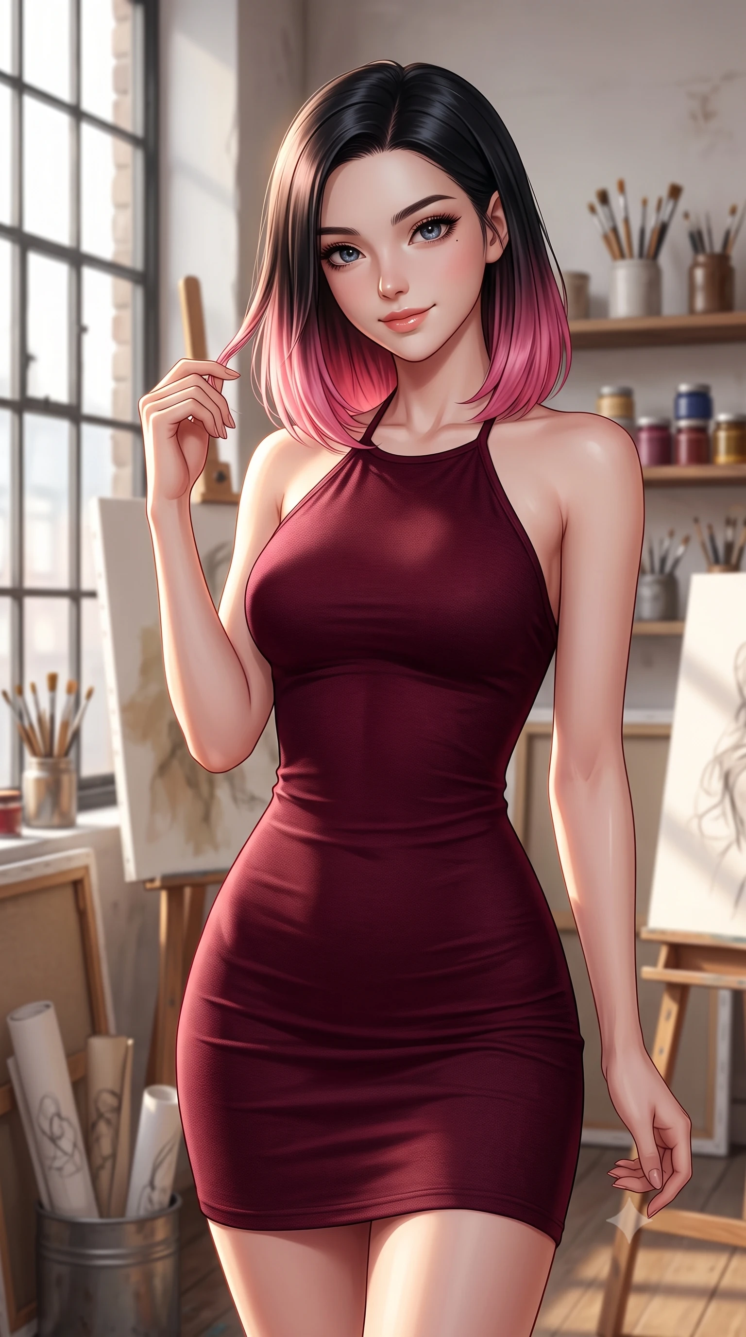 score_9, masterpiece, best quality, ultra-detailed, high-budget anime keyframe, editorial fashion photography, tasteful artistic composition, Korean woman woman. close-up cowboy shot from the waist and thighs up, the character dominates the composition, filling the frame with her large presence, background elements kept in soft focus. tilting her head slightly with a gentle, friendly smile under the warm sun the background shows a soft-focus an artist's studio filled with canvases, paint brushes, and easel near a large industrial window. She has an exceptionally elegant, slender, and willowy female figure with an ultra-slim waist, a gracefully sculpted slender torso, and a refined silhouette. sharp v-shaped jawline, high-bridge nose, intricate jewel-like eyes with depth, thick eyelashes, glossy lips with a natural sheen. wearing a body-hugging form-fitting halter dress in deep burgundy, contouring her athletic, slender build. crisp North daylight casting soft, consistent lighting over the workspace. 2k, ultra detail, master piece, 9:16 ratio