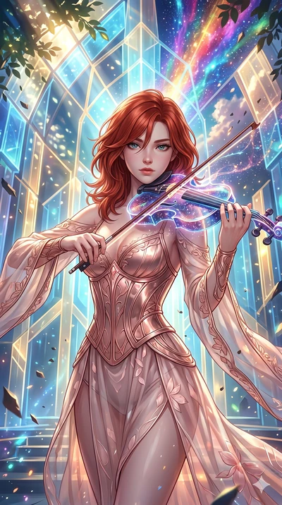 score_9, masterpiece, best quality, ultra-detailed, Set A: High-budget Anime Keyframe, Korean woman. Upper body close-up from the thighs up, character filling the screen for maximum presence. Theme: Abstract Cosmic. playing a holographic violin in a 